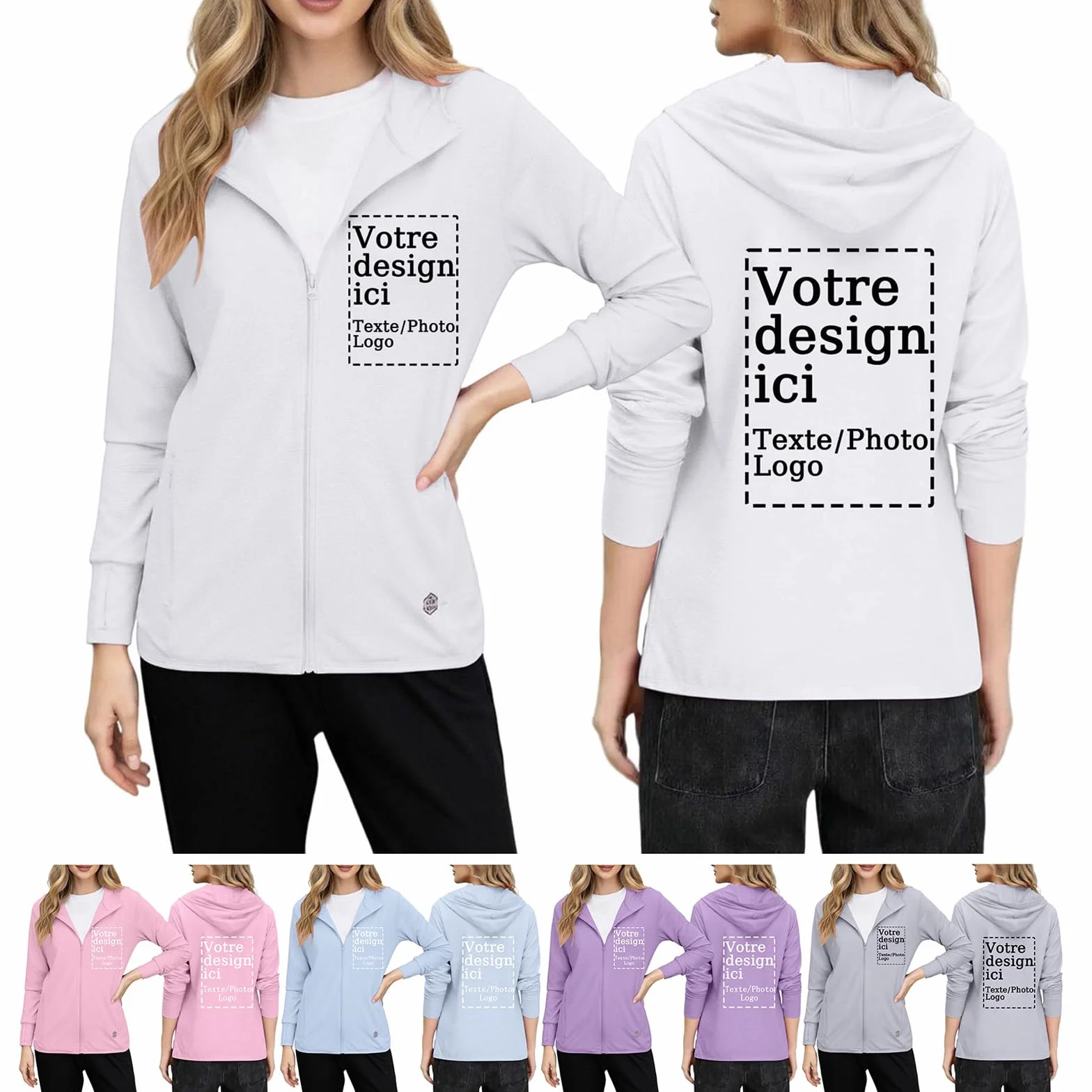 Sun Hoodie Femme UPF50+ Anti UV Protection Solaire avec Capuche Poches Zippé Manche Longue Légère