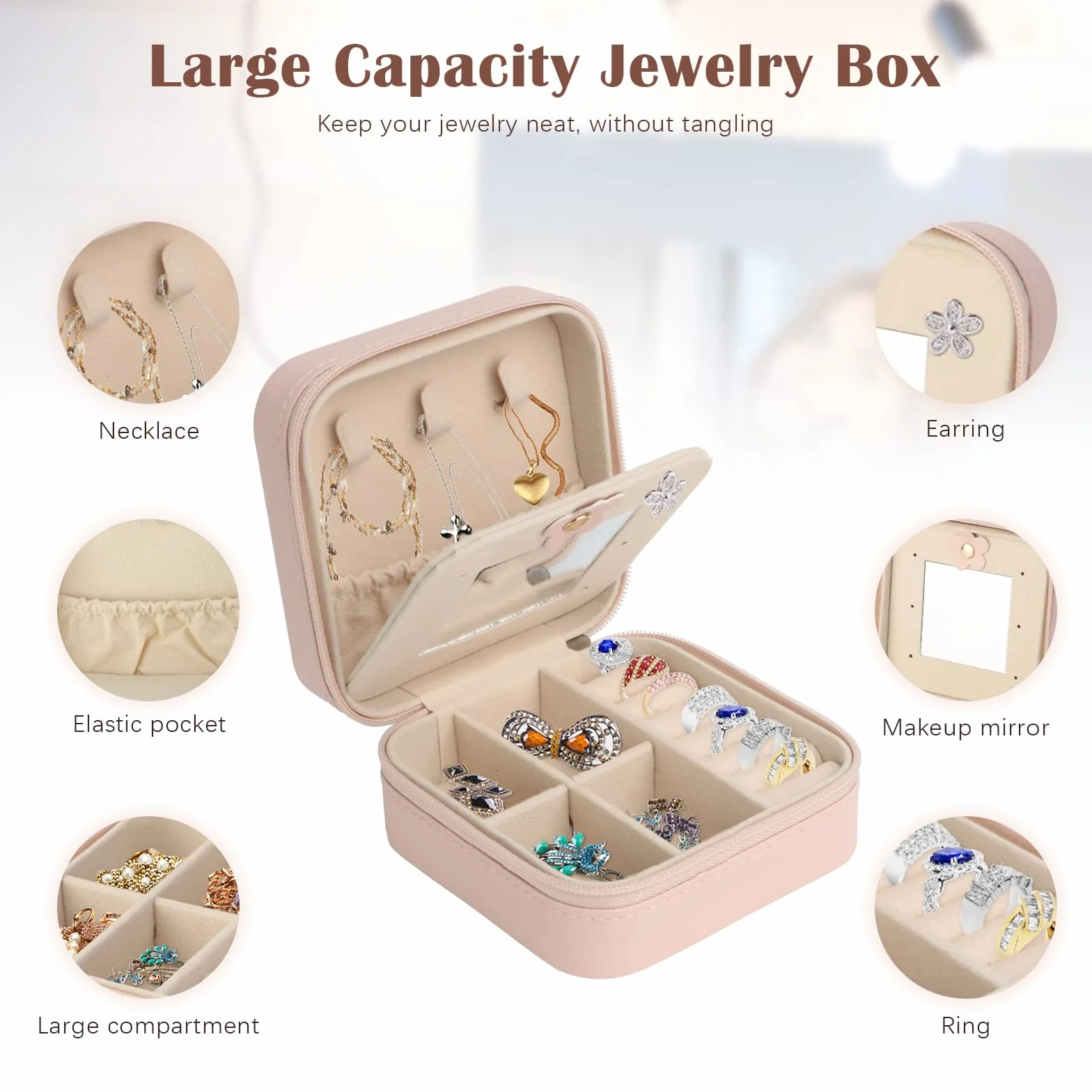 Boîte à Bijoux de Voyage avec Miroir en Cuir PU pour Femmes, Rangement pour Boucles d'Oreilles Bagues Chaînes