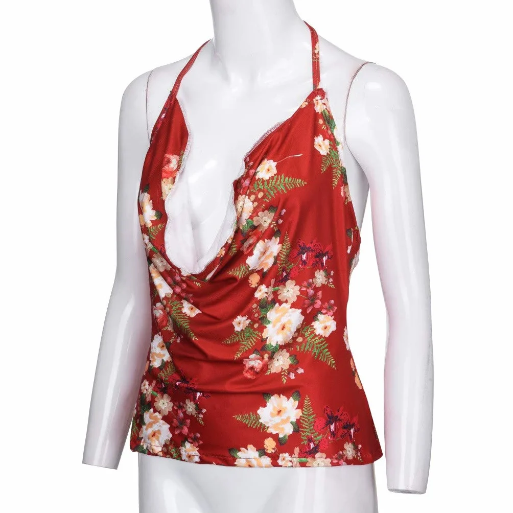 DEELIN Femmes Camisole Col en V Halter Dos Nu Imprimé Floral sans Manches