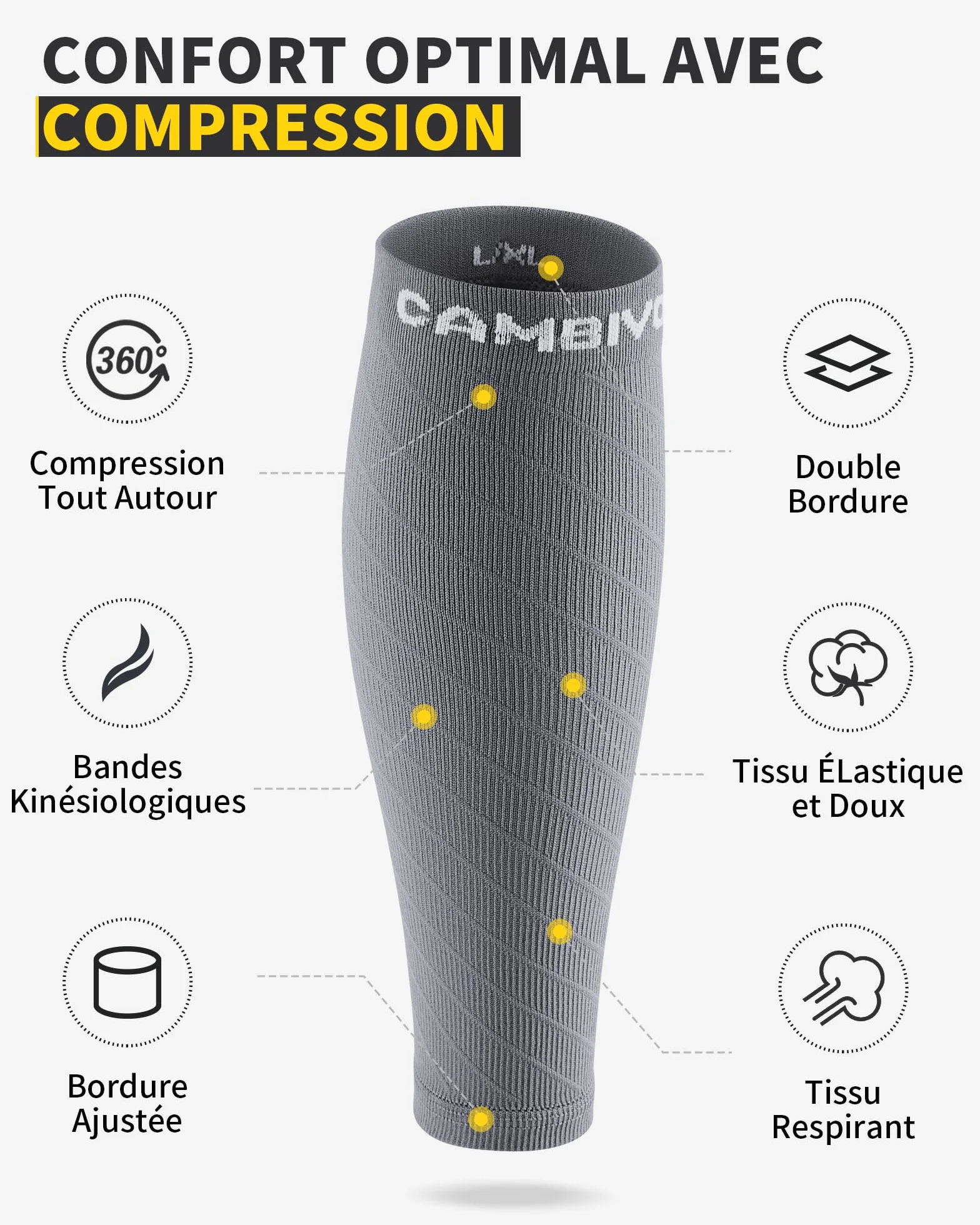 CAMBIVO Manchon Compression Mollet 2 Paires, Bas de Contention sans Pied pour Circulation Sanguine