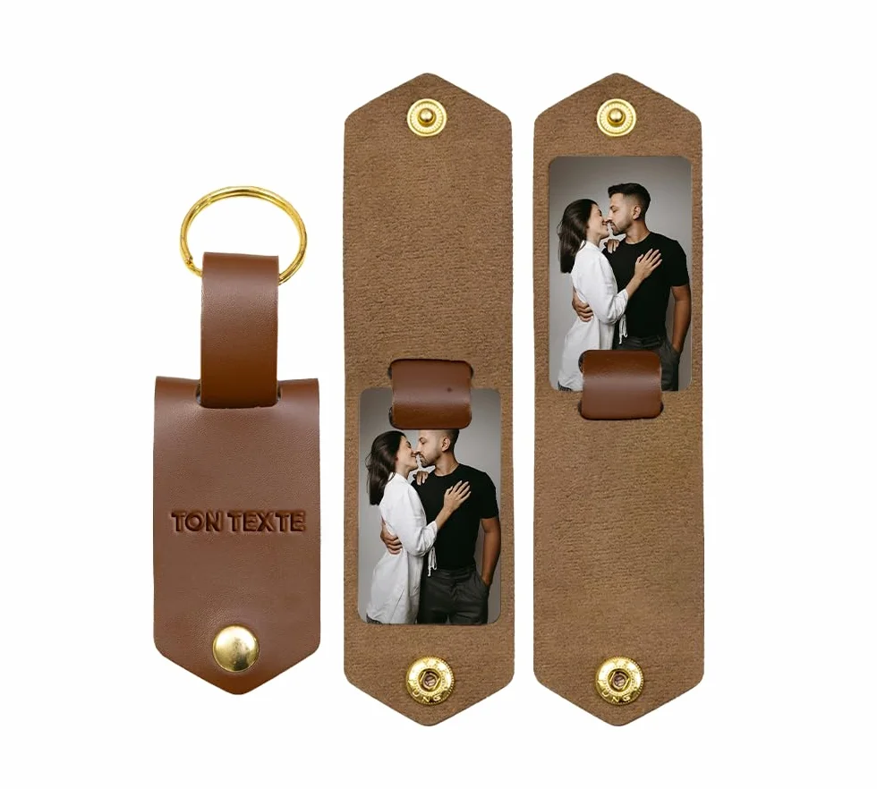 Porte Clé En Cuir Personnalisé avec Texte Gravé et Deux Photos