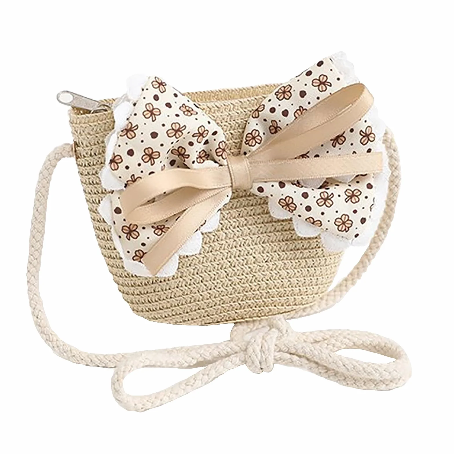 Chapeau de Paille Fille avec Sac en Paille Décoration Noeud Papillon Enfant 3-7 Ans Plage