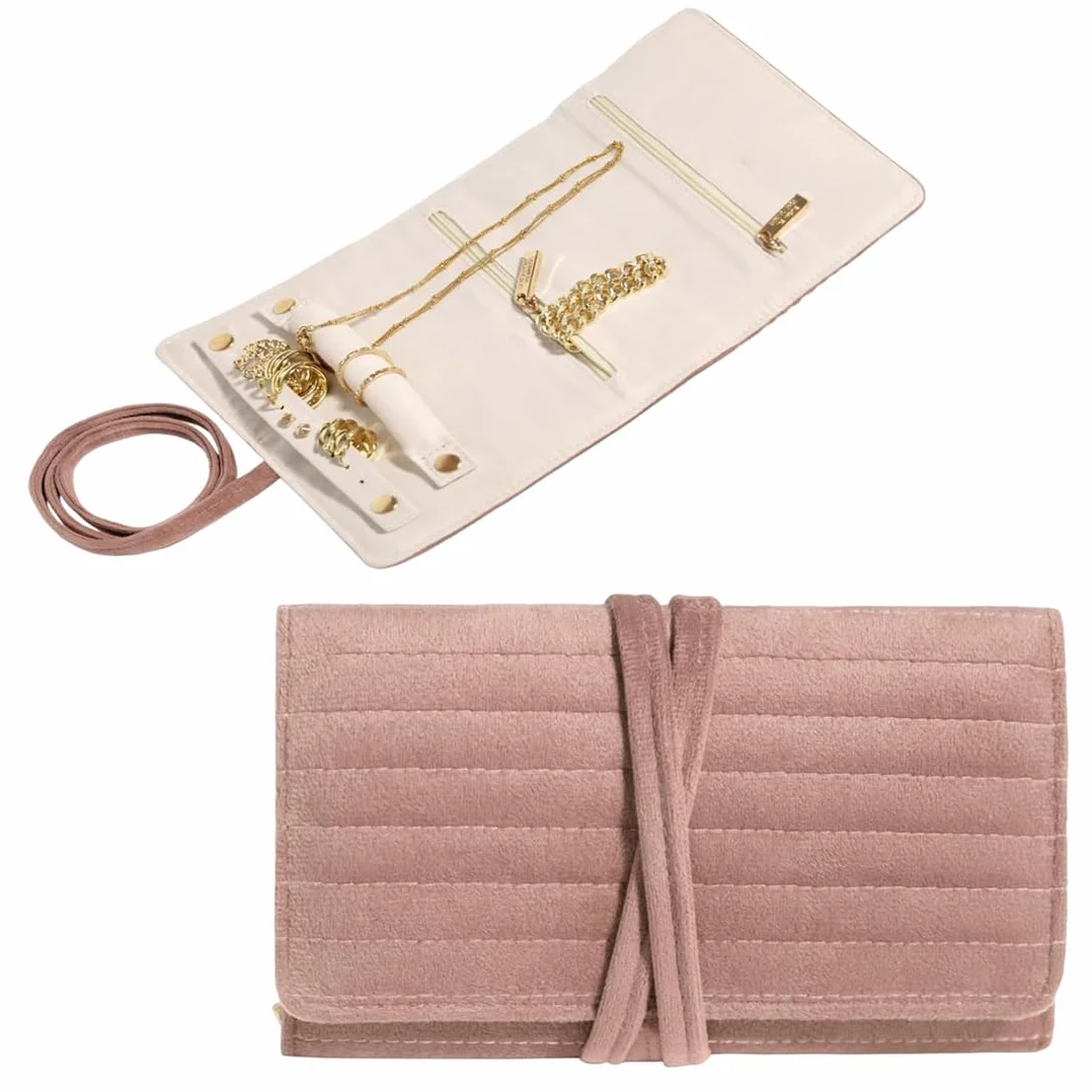 Pochette Bijoux Voyage Trousse de Rangement en Velours Rouleau Organisateur pour Colliers Bracelets Boucles d'oreilles Compact Rose