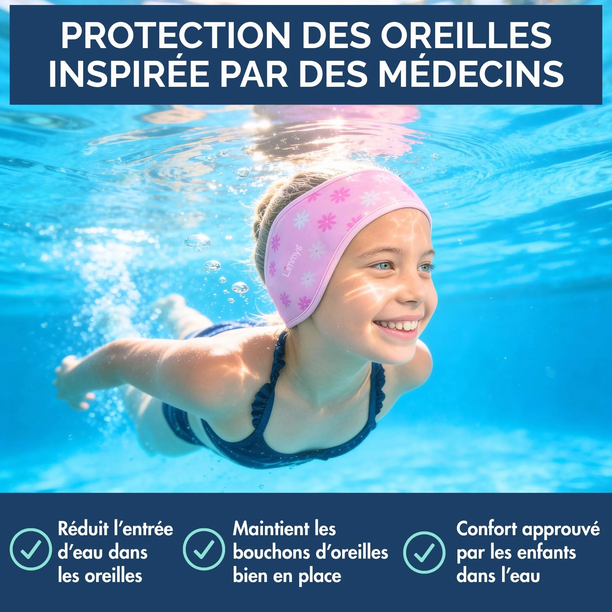 Limmys Bandeau de Natation pour Enfants Adultes – Bande Néoprène Élastique Renforcé Sans Latex Antidérapant Maintient Bouchons d’Oreilles (Pink Stars M 2-8 ans)