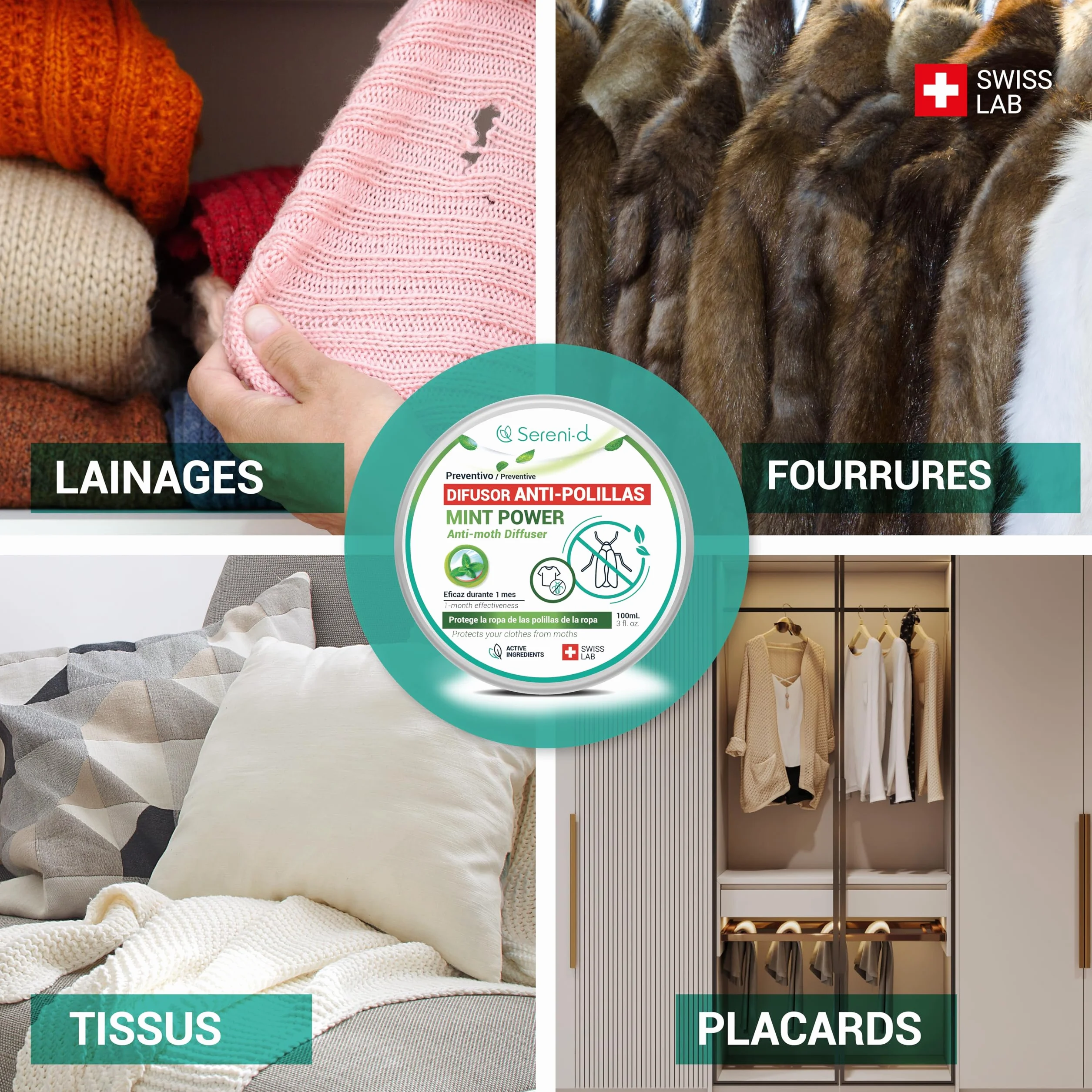 SERENI-D Diffuseur ANTI-MITES Textiles MINTPOWER - Protection répulsive des Vêtements, Lainages et Fourrures - Parfum Menthe - Action immédiate et protège les placards des nouvelles infestations