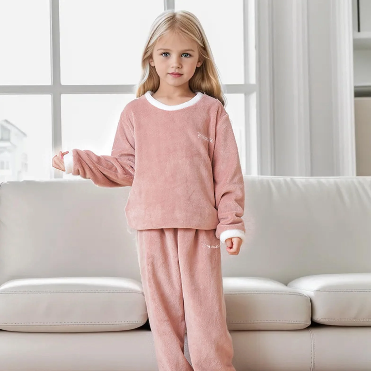 Survêtement de sport enfant fille garçon - Ensemble flanelle haut duveteux pantalon chaud polaire