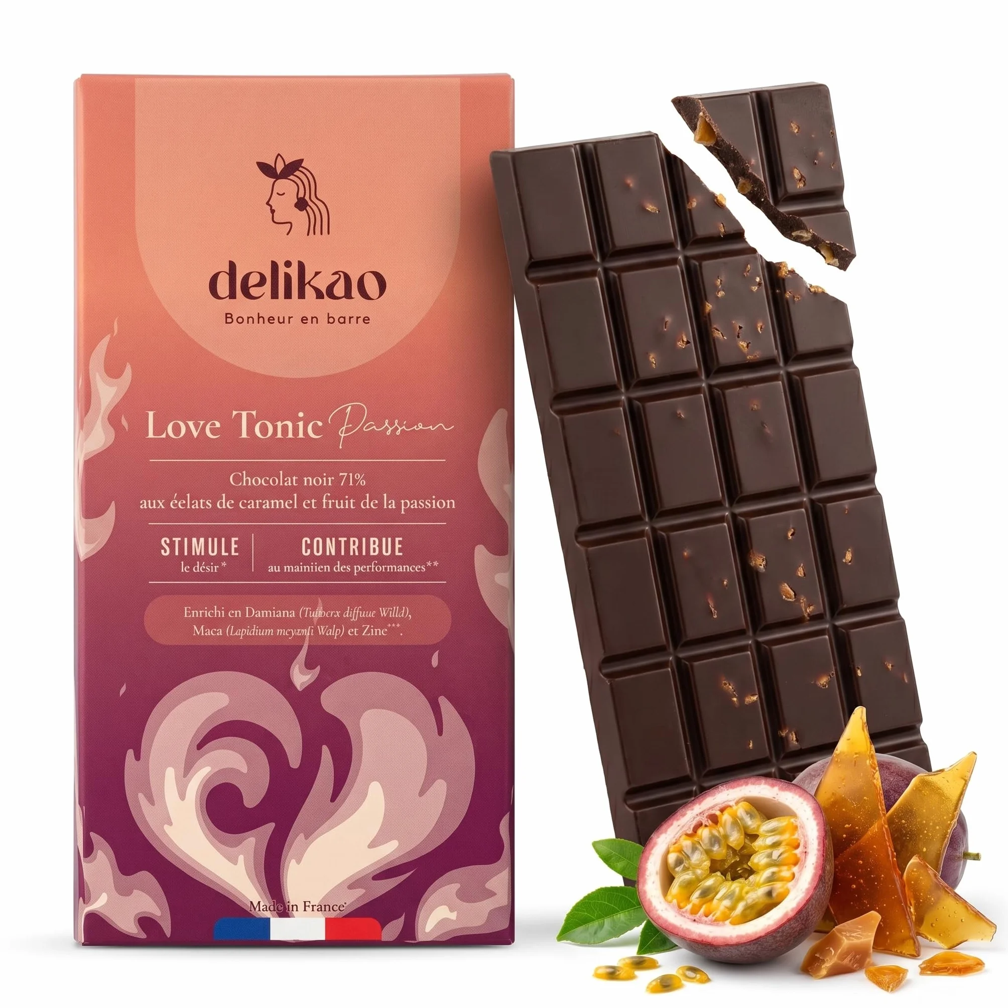 LOVE TONIC PASSION – Tablette de Chocolat Gourmand 90 g – Caramel - Fruit de la Passion - Gibembre – Fabriqué en France - Chocolat à Offrir pour un Moment de Plaisir à Deux (Passion, 1 tablette)