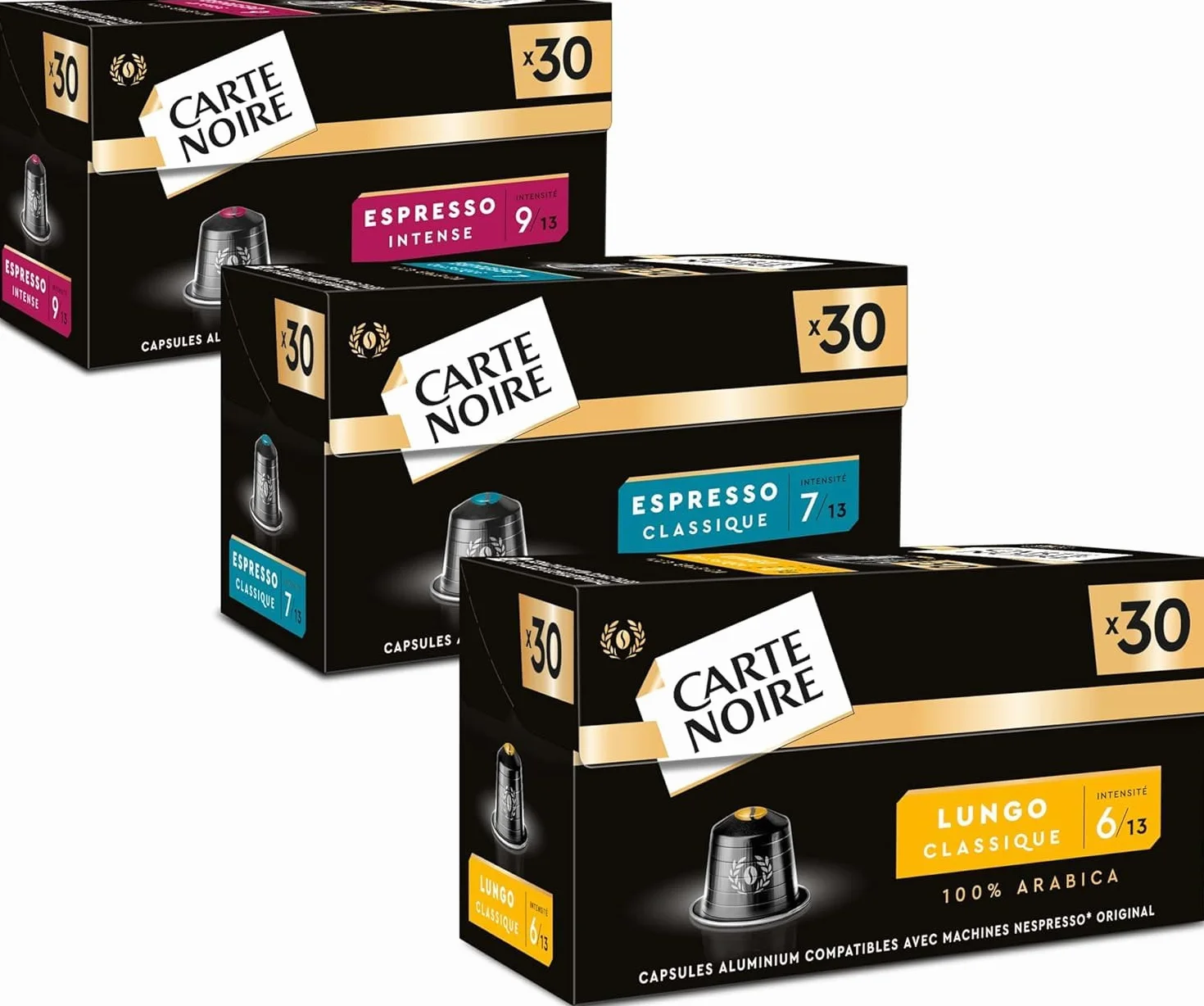 CARTE NOIRE - Assortiment Capsules Café Compatibles Nespresso® - N°6 Lungo, N°7 Classique, N°9 Intense - Café Arabica - Lot de 3 x 30 Capsules Aluminium - Fabriqué en France