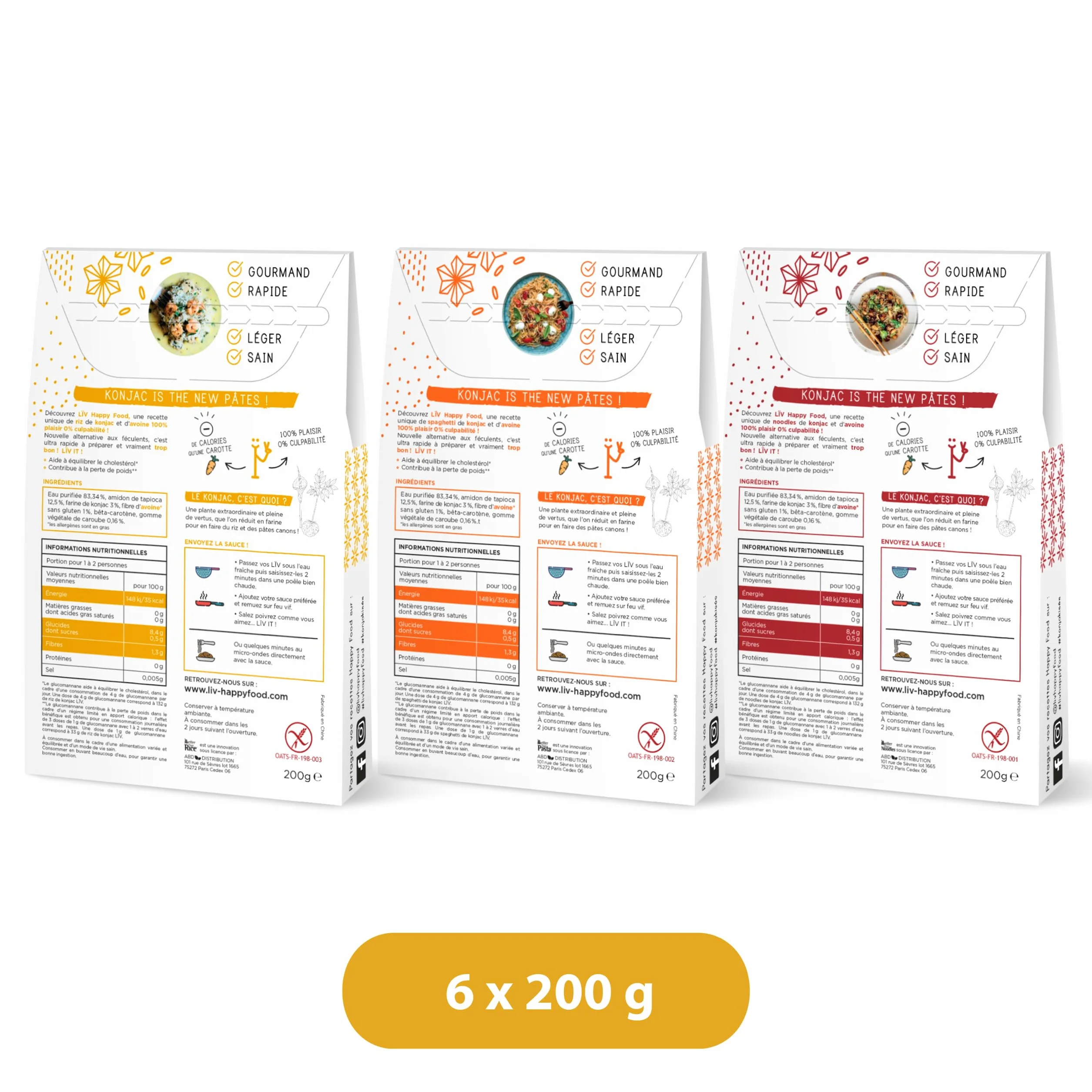 LÏV Happy Food - Trio Nouilles de Konjac, Spaghetti & Riz, 6x200g, Premium