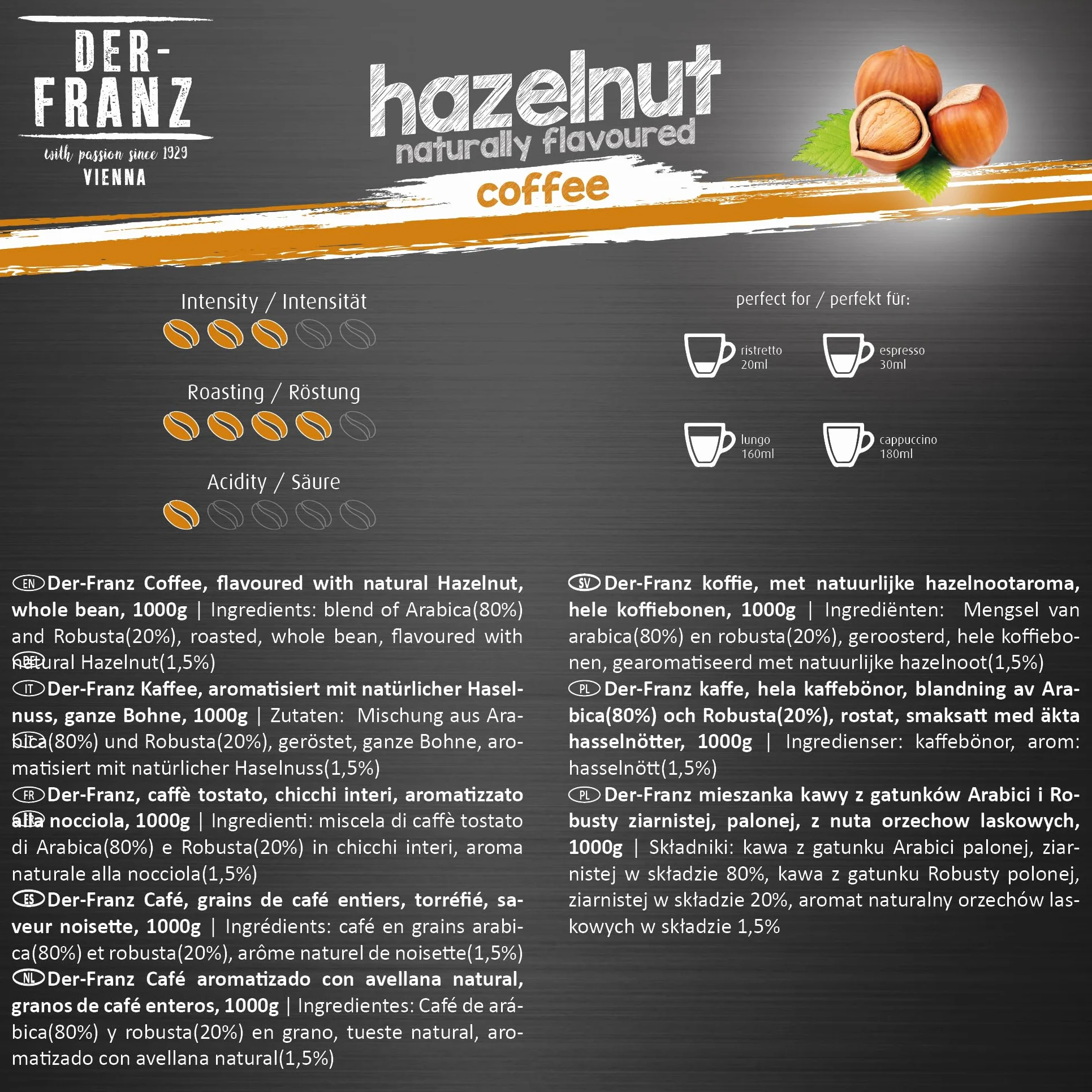 Der-Franz Café, Arômes de Noisette, Café d'Arabica et de Robusta en grains, 1000 g