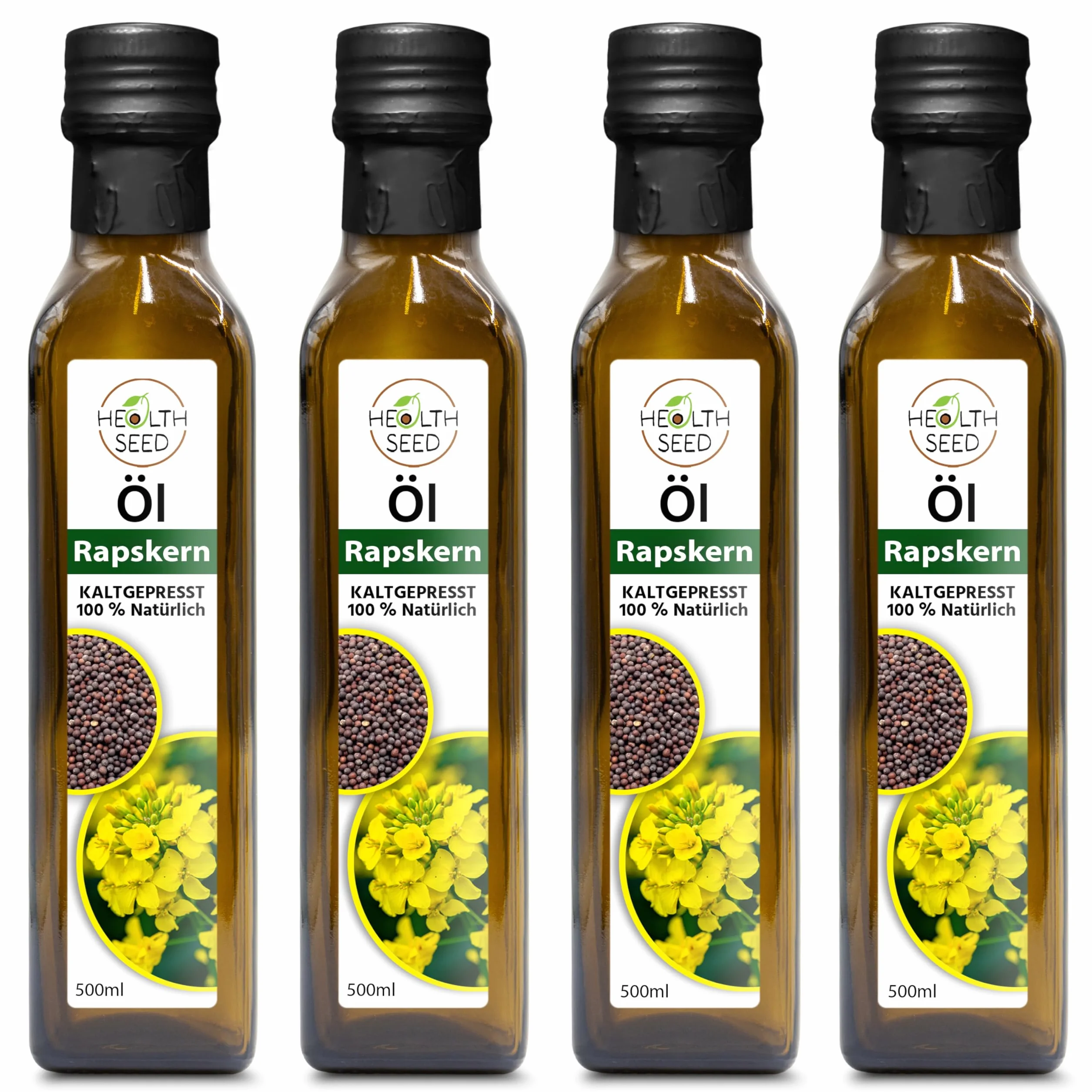 Health Seed® 4 x 500 ml / 2 litres – Huile de colza non filtrée – Bouteille en verre 100 % pure pressée à froid – Fraîcheur du fabricant