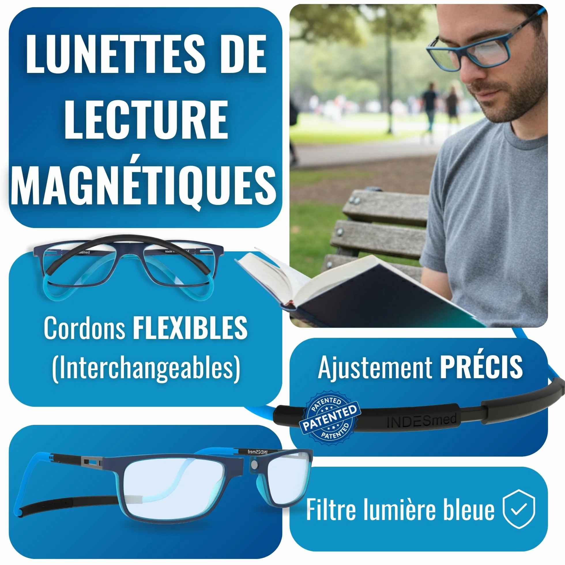INDESMED Lunettes de lecture magnétiques réglables anti lumière bleue légères cordon interchangeable