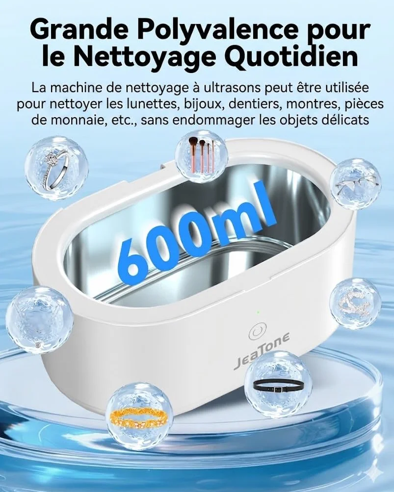 JeaTone Nettoyeur Ultrasons Professionnel 600ml 46KHz Bac Ultrasons Portable