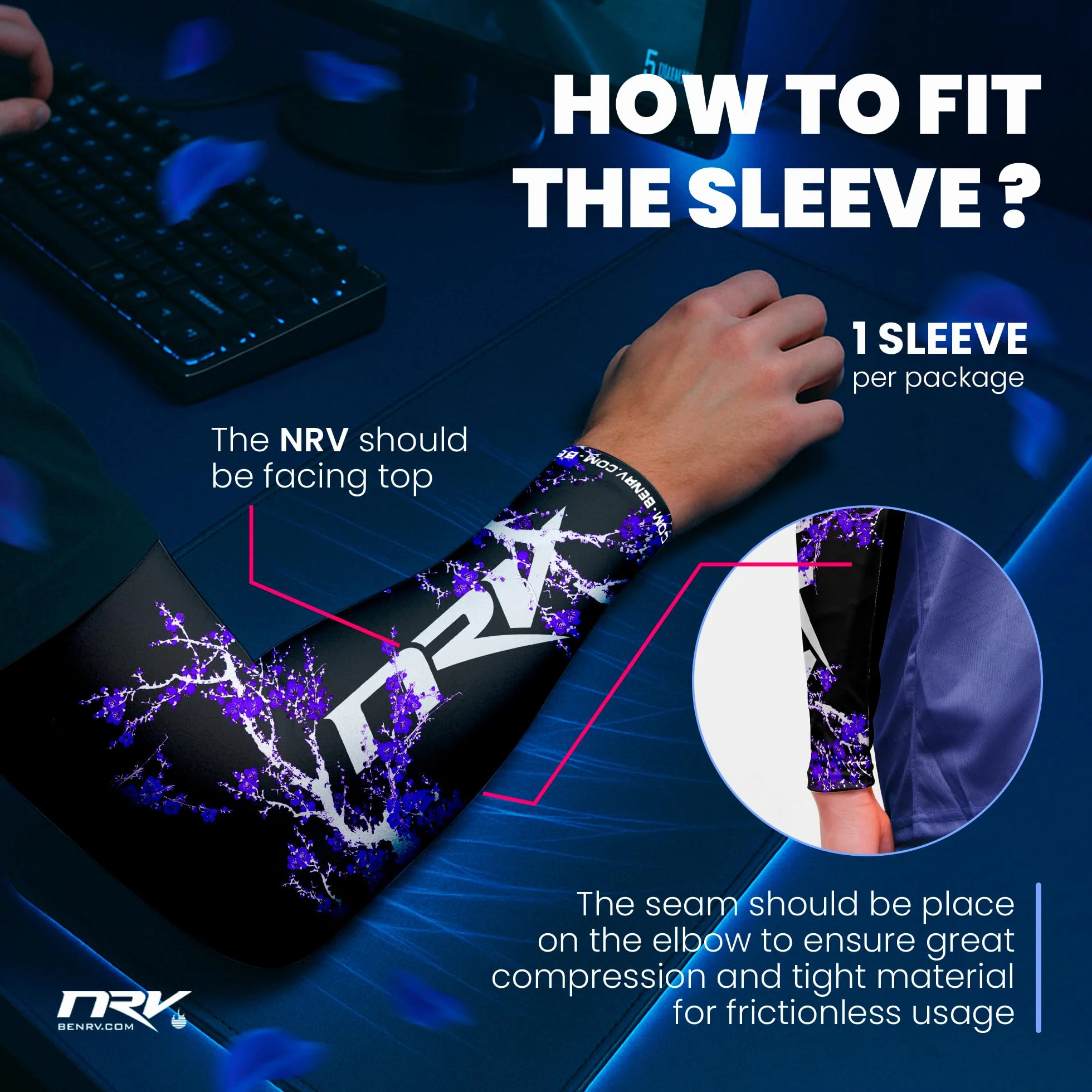 NRV Manchette Gaming eSport Dark Sakura – Compression Confort & Contrôle – Anti-Friction – Design Japonais Élégant – Noir & Violet – Taille S à 3XL