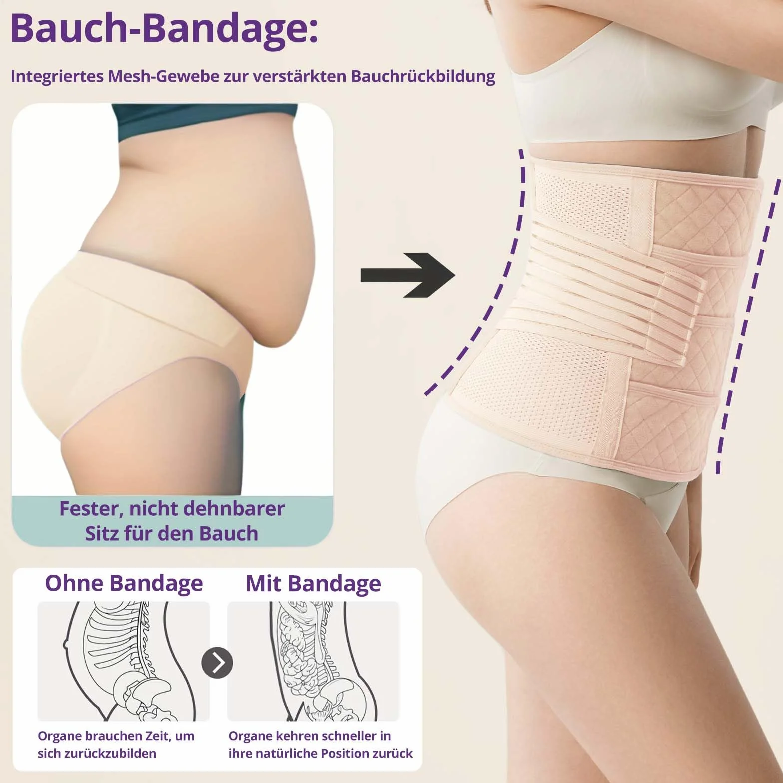 Ceinture de Grossesse Post-Partum avec Bande Pelvienne Ventre Plat Soutien Abdominal Réglable Accouchement Voie Basse Césarienne Beige XXL 70KG-80KG