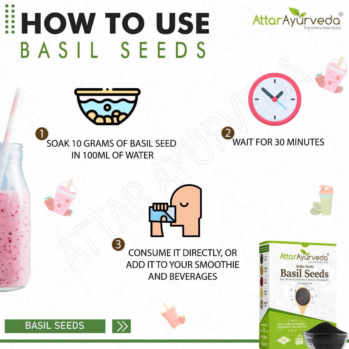 Attar Ayurveda Sabja Basil Seeds Rich in Protein, Fiber, Vitamins & Minerals Reduces Body Heat 100% Pure and Natural No Preservative Vegan Friendly Non-GMO 500gm