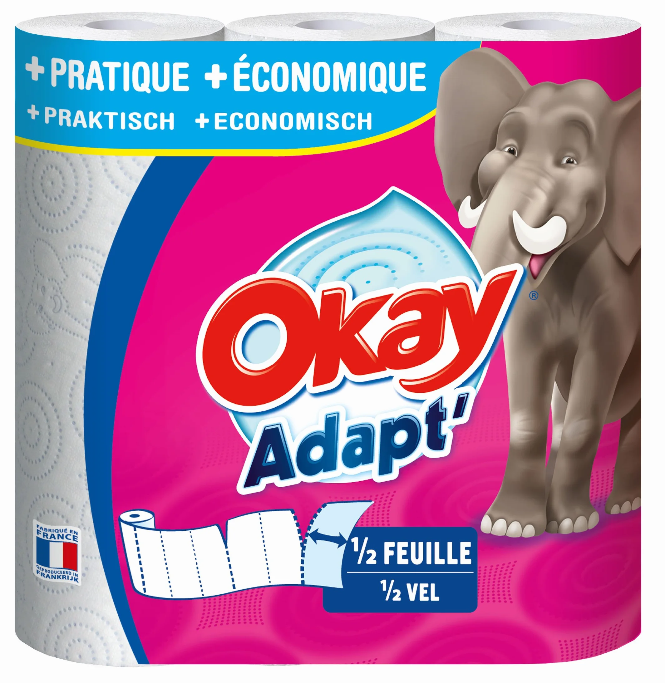 Okay Adapt - Essuie-tout demi-feuille Blanc - lot de 4 paquets de 3 rouleaux