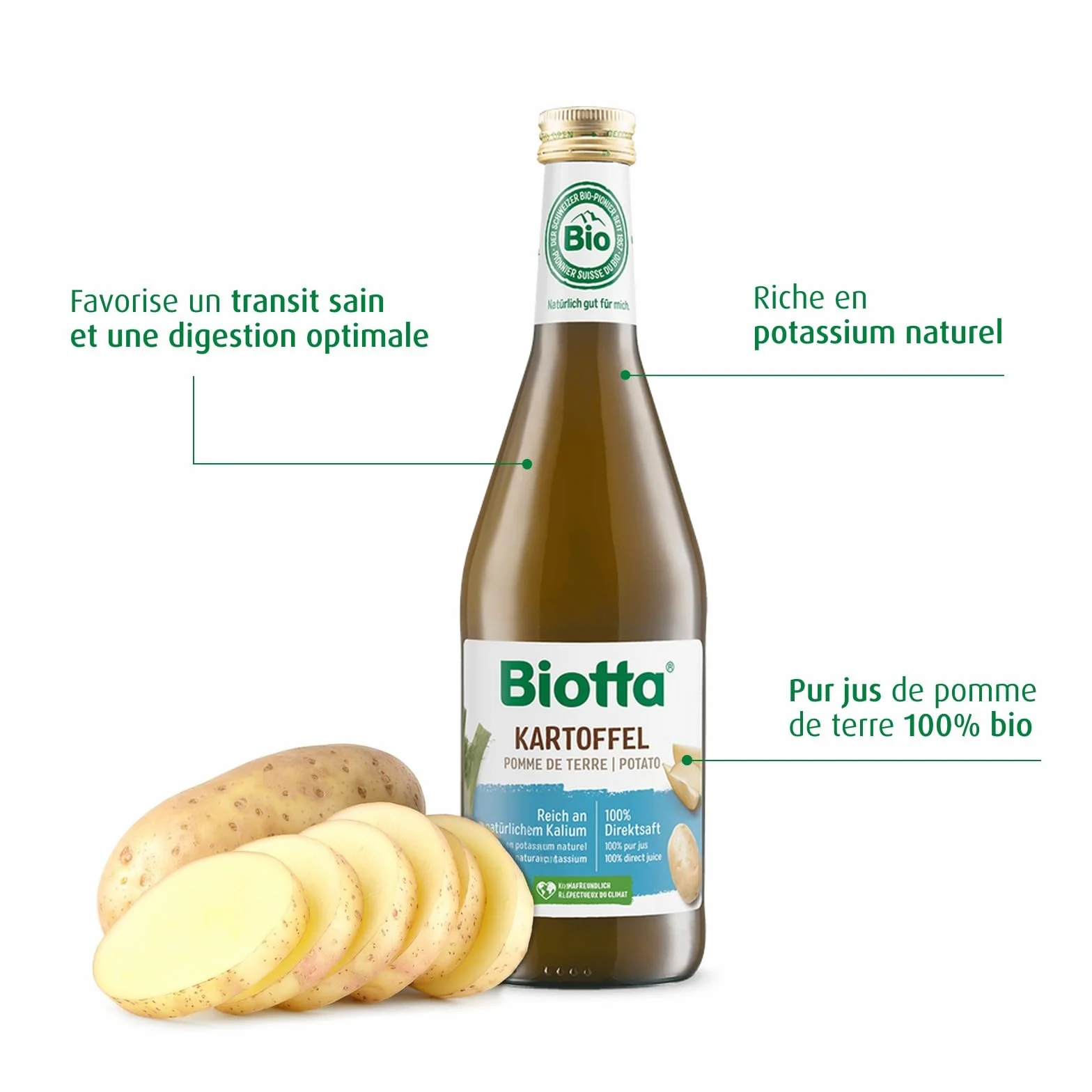 BIOTTA - Jus de Pommes de terre et de fenouil, lacto-fermenté - Préparation à base de pommes de terre 100% bio - Action ciblée Digestion - 500ml - Fabrication Suisse - Lot de 3
