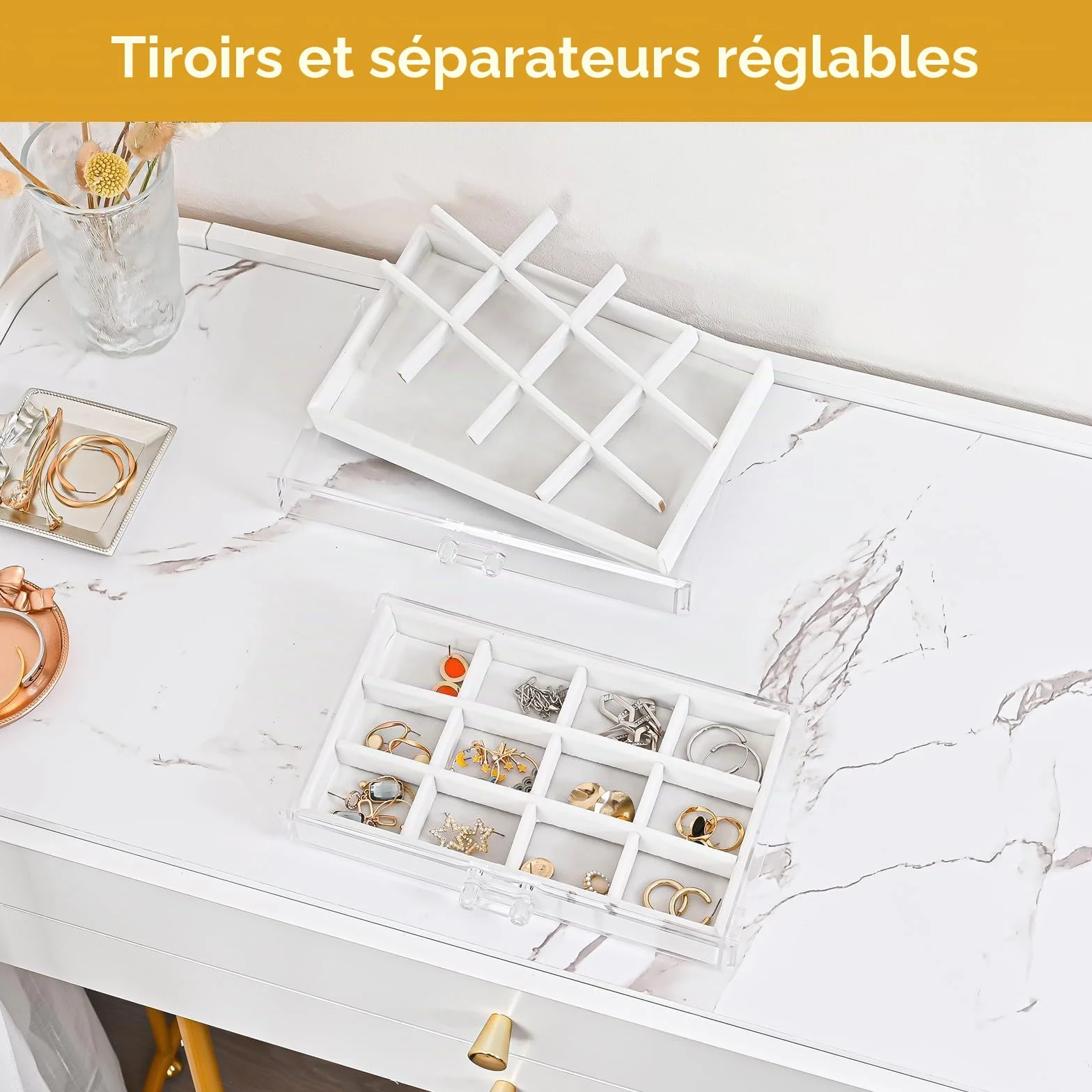 Procase Boîte à Bijoux Transparente 3 Plateaux Tiroir avec Séparateurs Amovibles Rangement Bijoux Acrylique Blanc