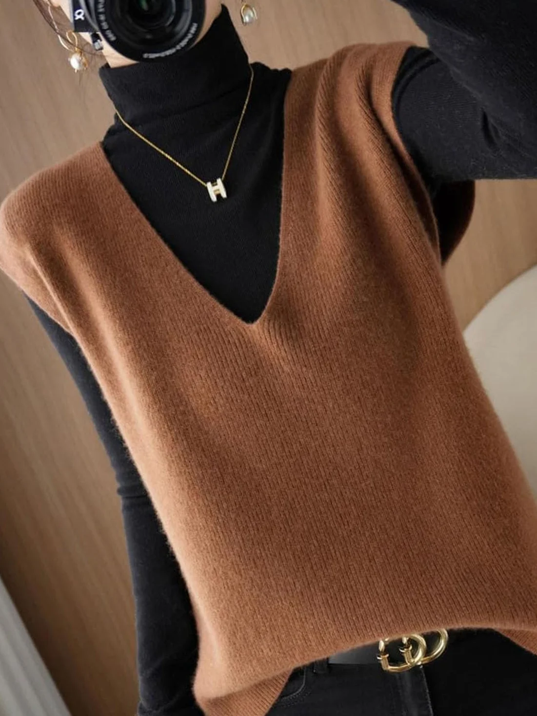 Pull sans Manches à col en V pour Femme en Cachemire tricoté Style coréen Beige L