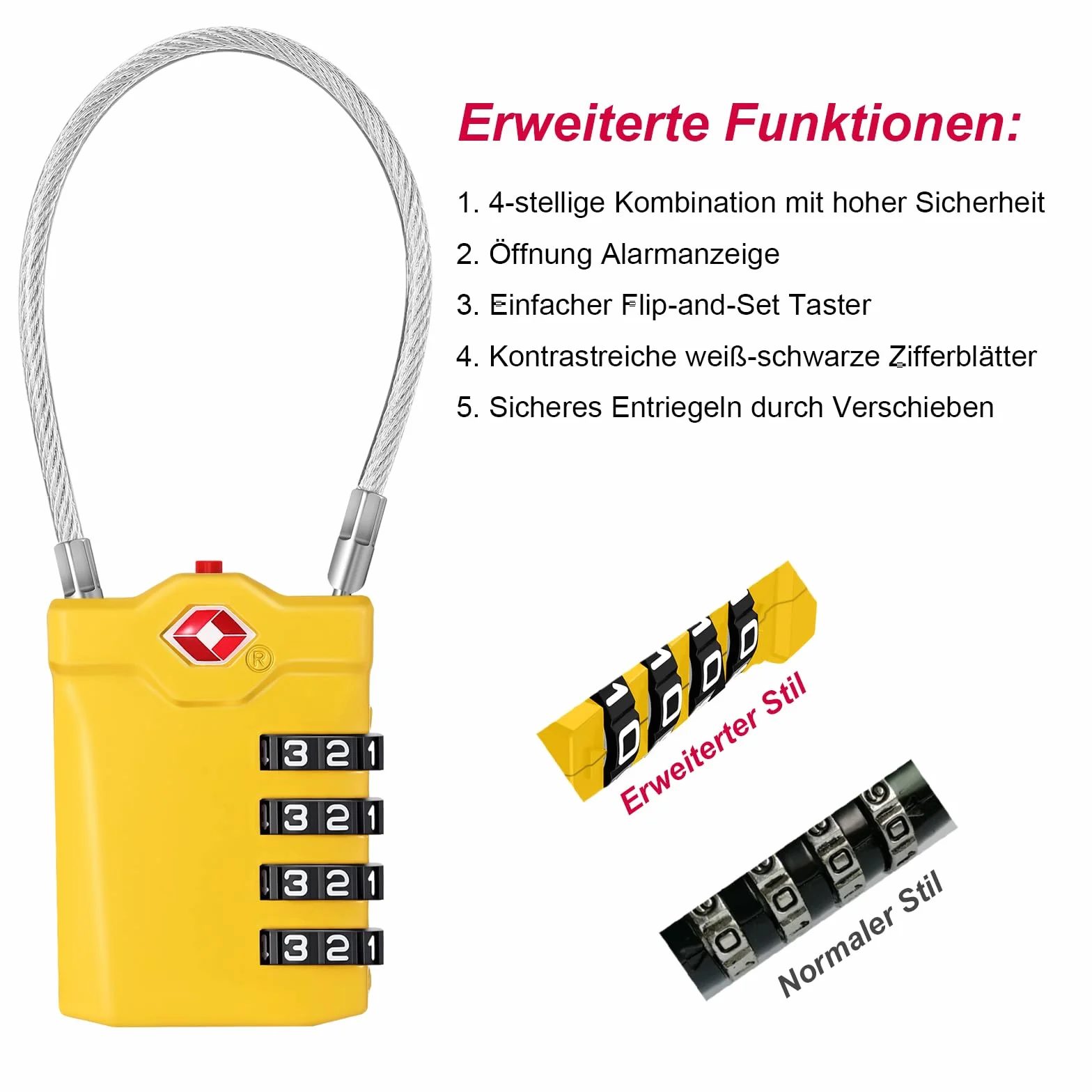 Cadenas Valise TSA 4 Chiffres avec Alarme d'ouverture, Serrures à Bagages avec Câble Flexible (2 Pièce, Jaune)
