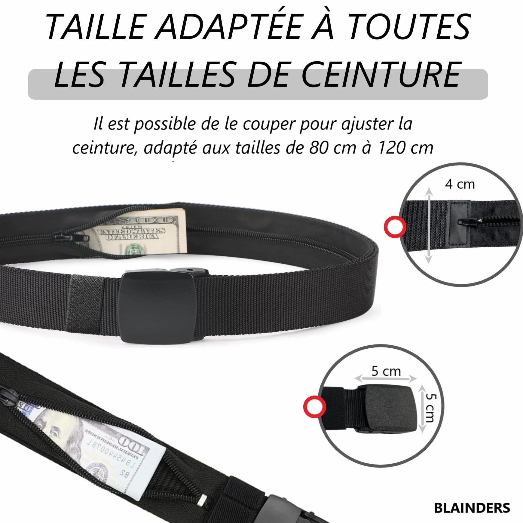 Ceinture de Voyage Porte-Monnaie Pochette Secrète Cache Billets Noir