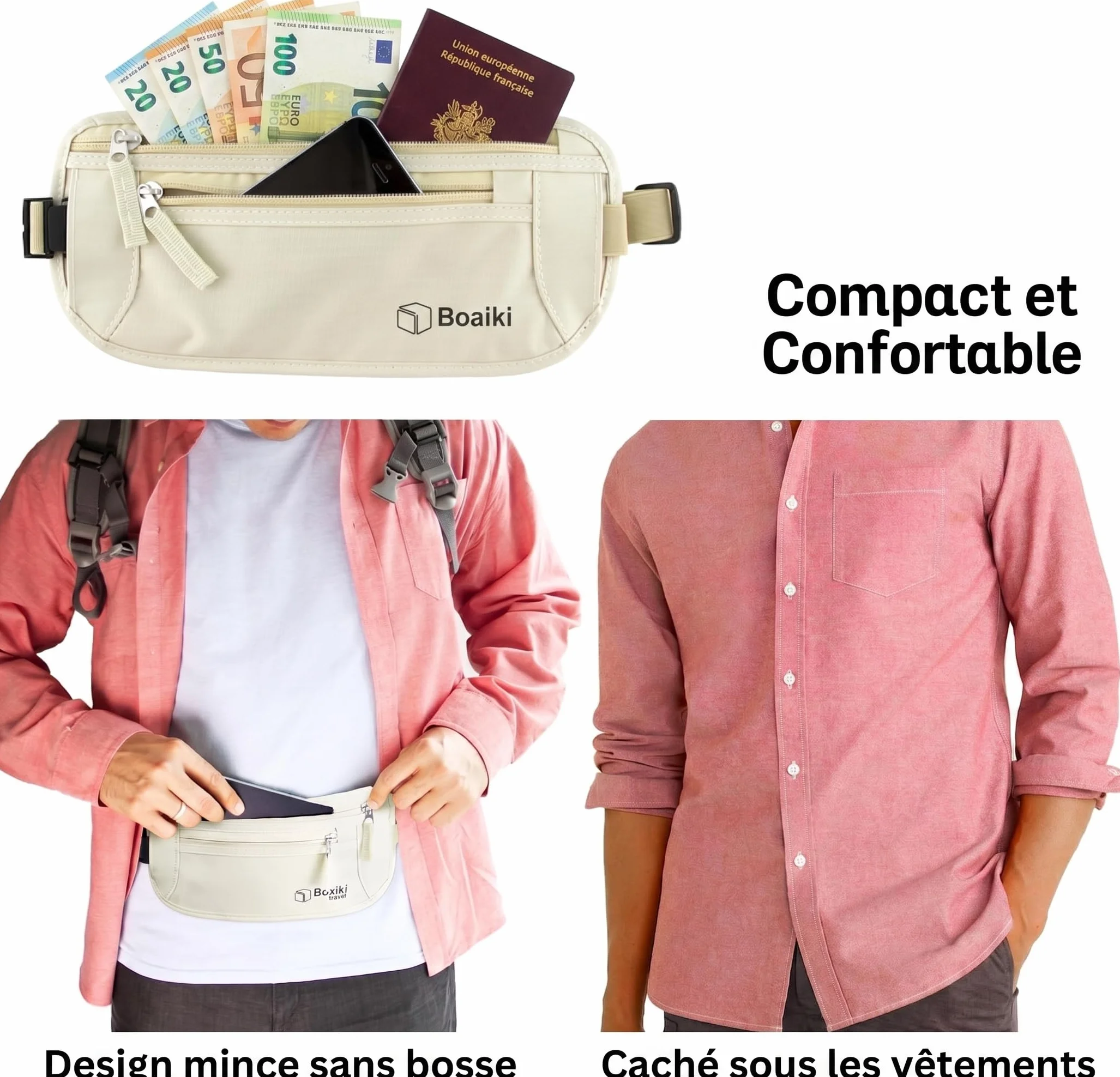 Ceinture Porte-Monnaie RFID Lot de 8 Manchons - Sac Banane Homme Femme Antivol Protection 360 Degres, Beige