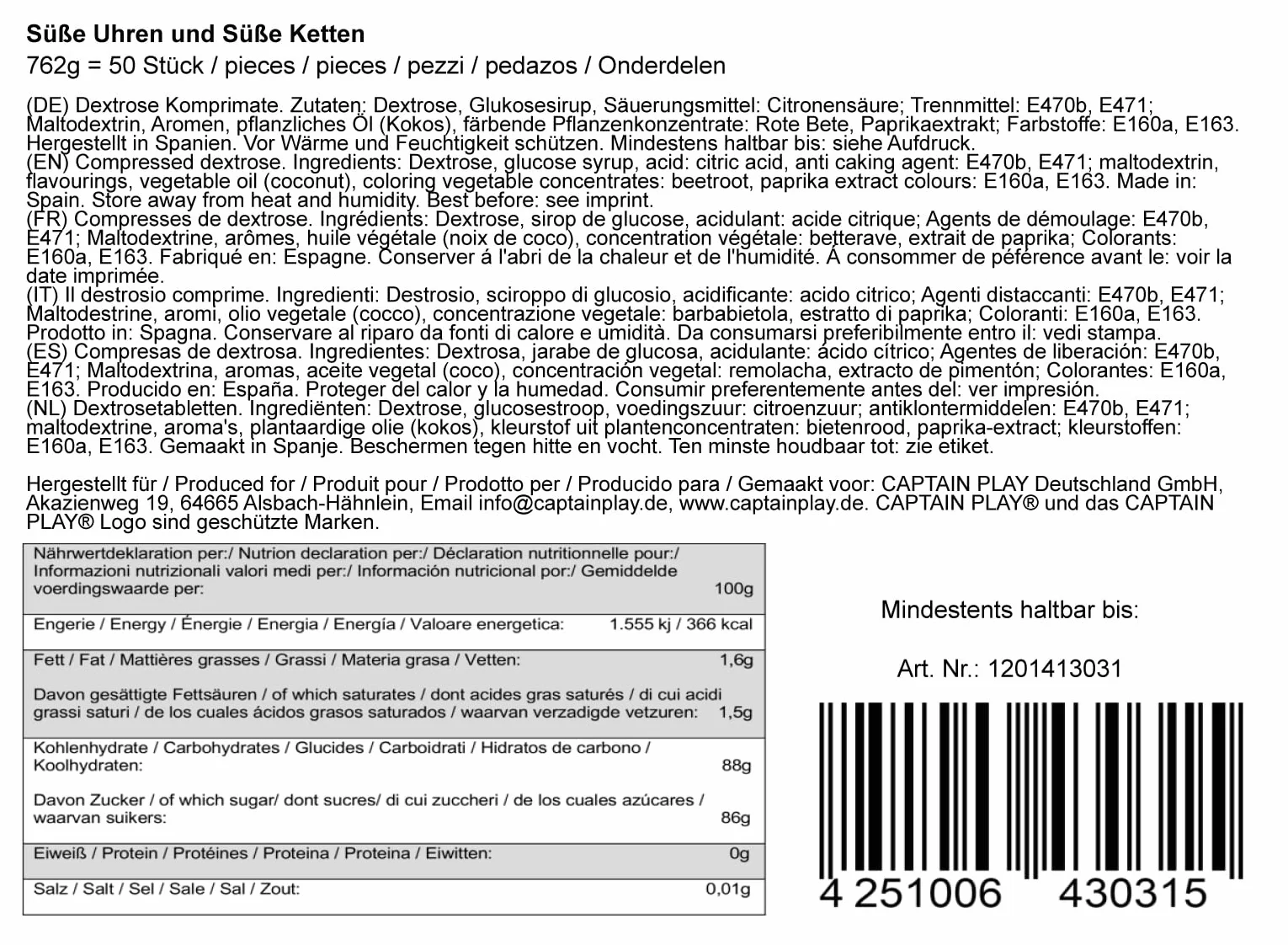 CAPTAIN PLAY Party Box Bonbonnière Colliers Dextrose et Montres Dextrose, 50 pieces en emballage individuel, 762g