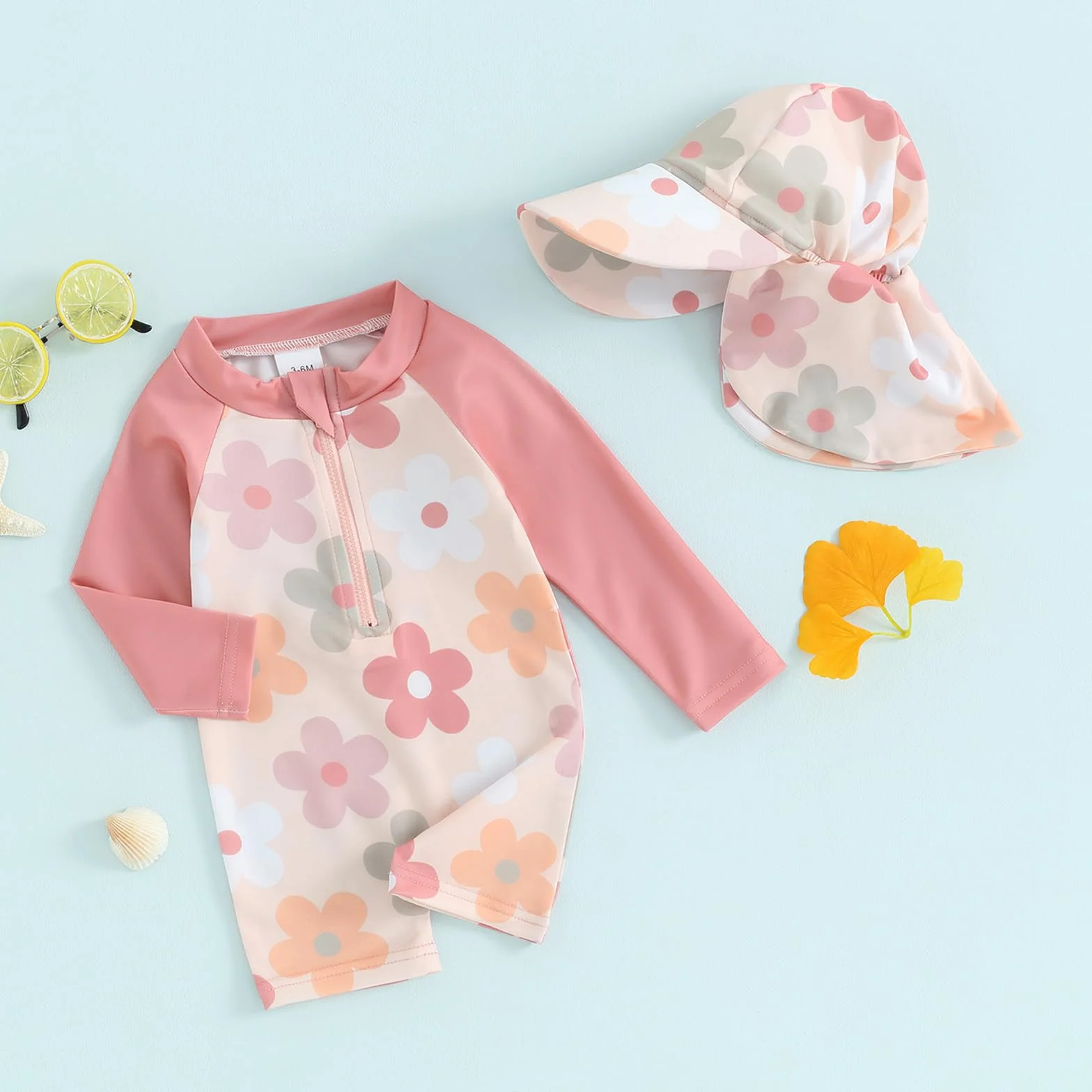 Carolilly Maillot de Bain Une Pièce Enfant Bébé Fille Zippé Anti-UV avec Chapeau Rose Fleurs 3-6 Mois