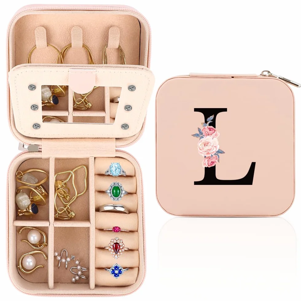 Boîte à Bijoux de Voyage Personnalisée A-Z avec Miroir, Petite Boîte de Rangement pour Enfants Fille (L)