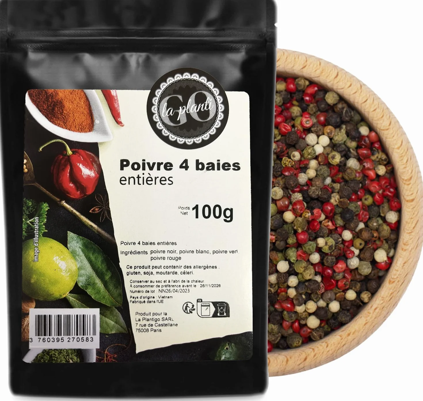 Poivre 4 baies entières 500 g - LA PLANTIGO Mélange de poivres, Poivre à 4 Baies mélange, Mélange de grains de poivre 100% naturel, coloré en grains de poivre