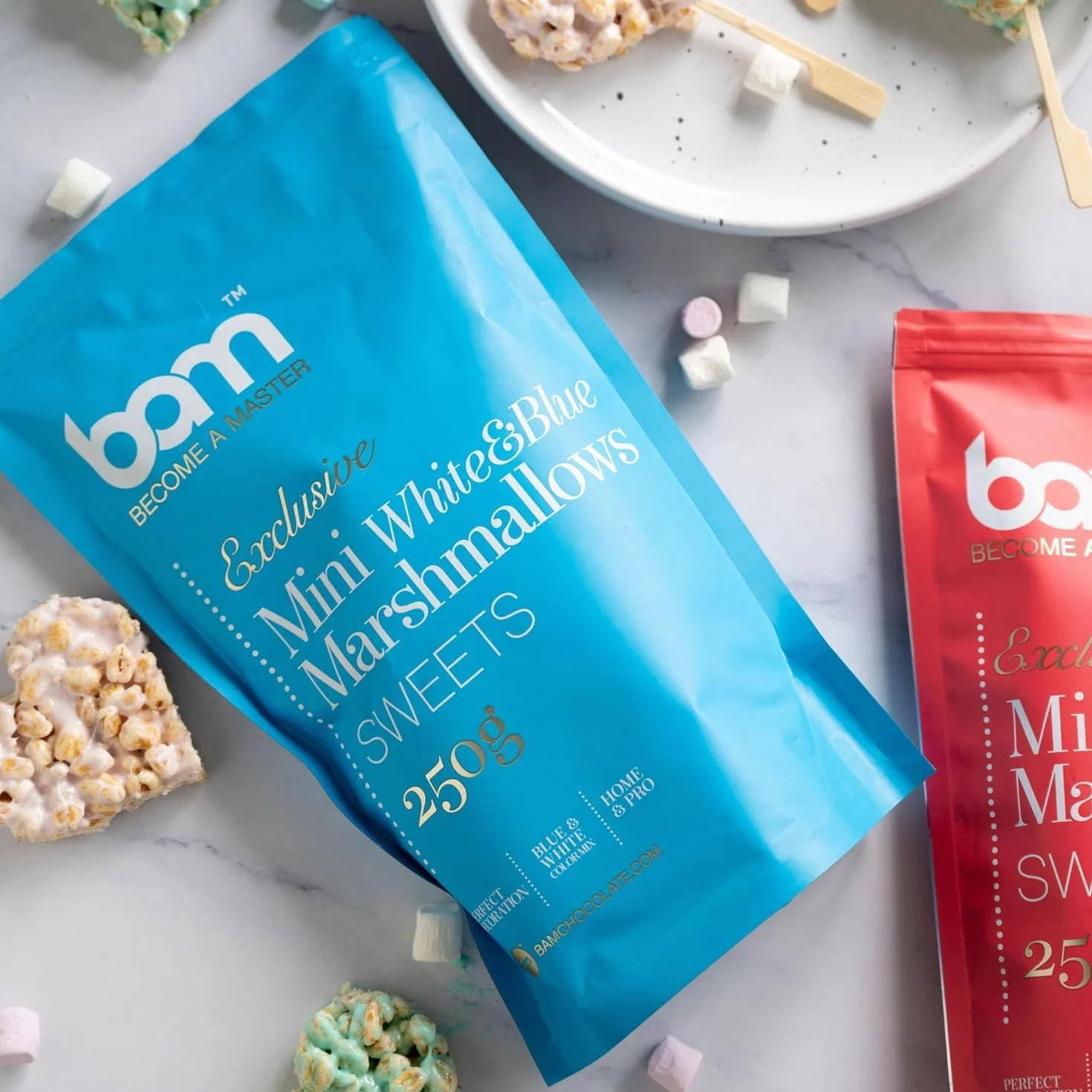 BAM Mini Marshmallow – Guimauves Sucrées Pour Chocolat Chaud, Desserte et Décoration, Blancs et Bleus, 250g