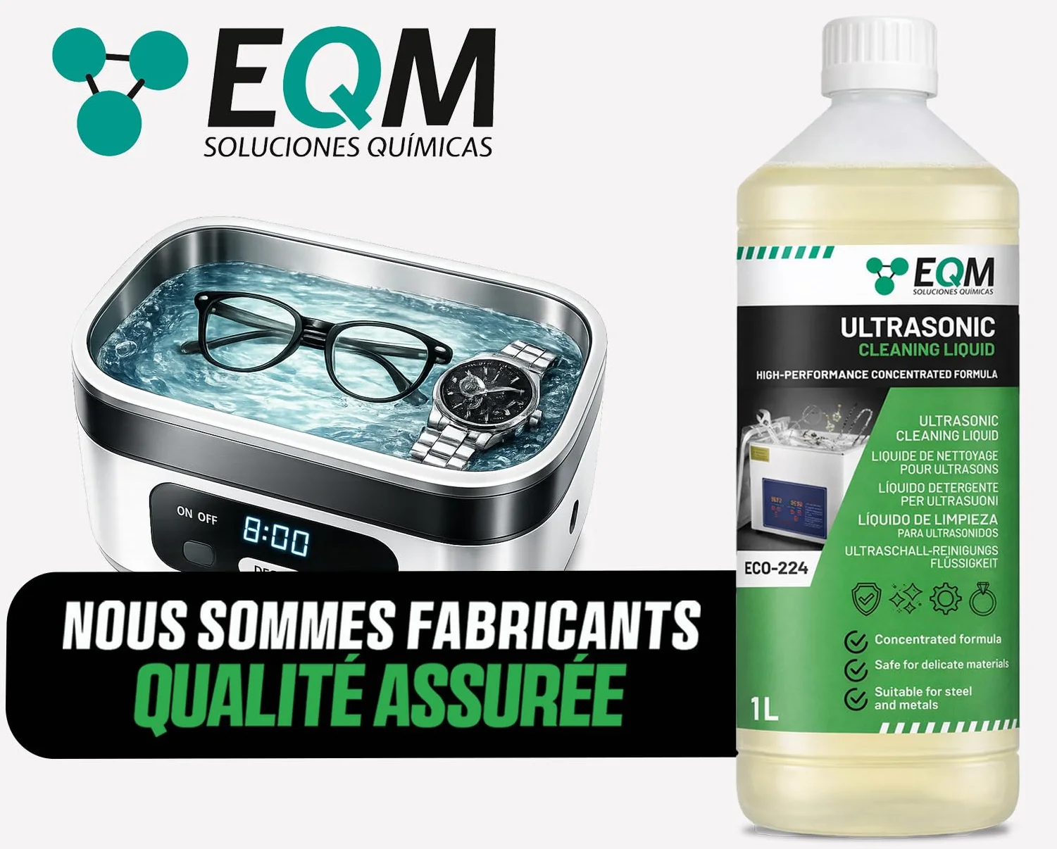 EQM Liquide Nettoyant Concentré Ultrasons Métaux Acier Bijoux Lunettes Argent Prothèses Dentaires