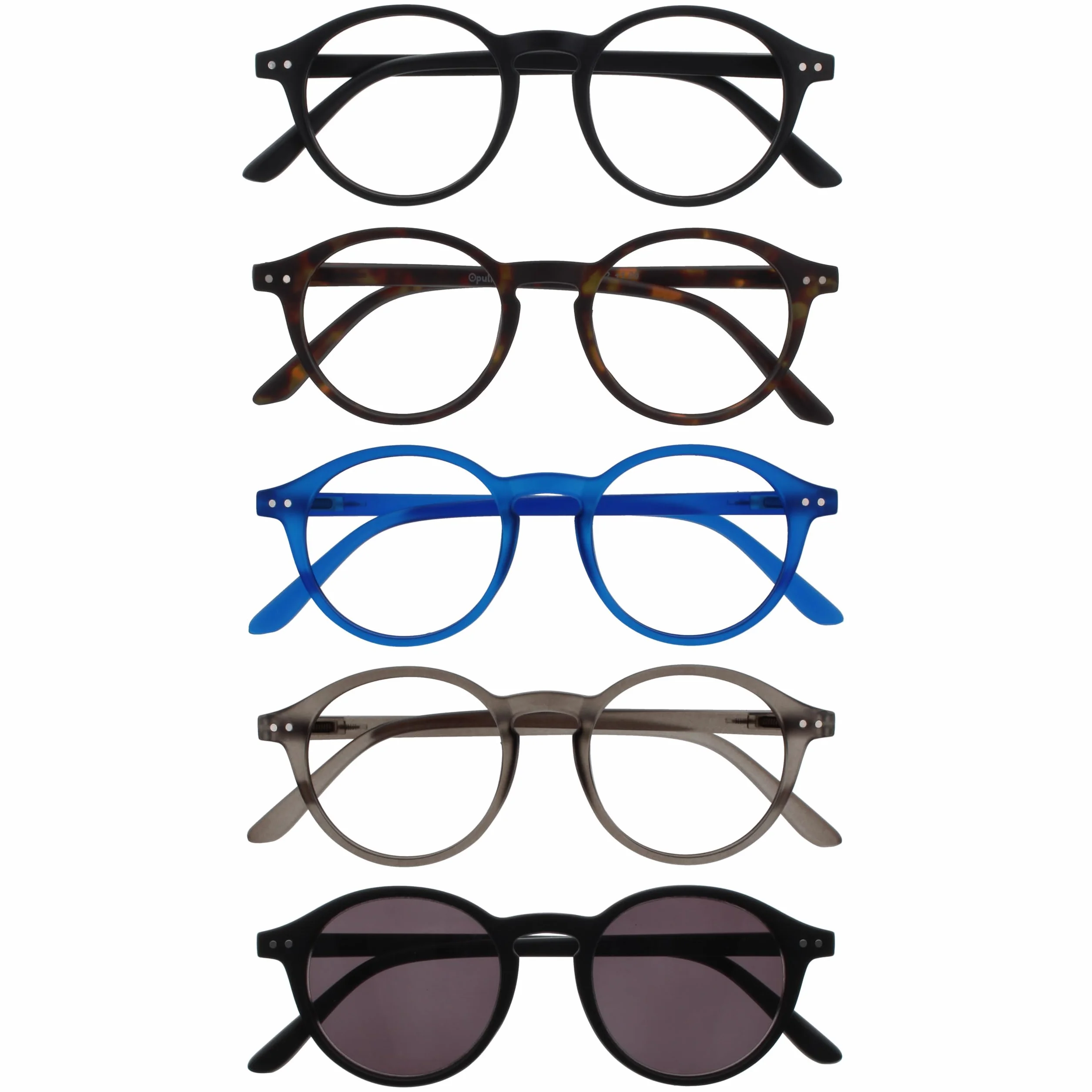 OPULIZE REY Lunettes de Lecture + Solaires Lot de 5 Montures Rondes Noir Mat Marron Bleu Gris Noir Hommes Femmes +3.00