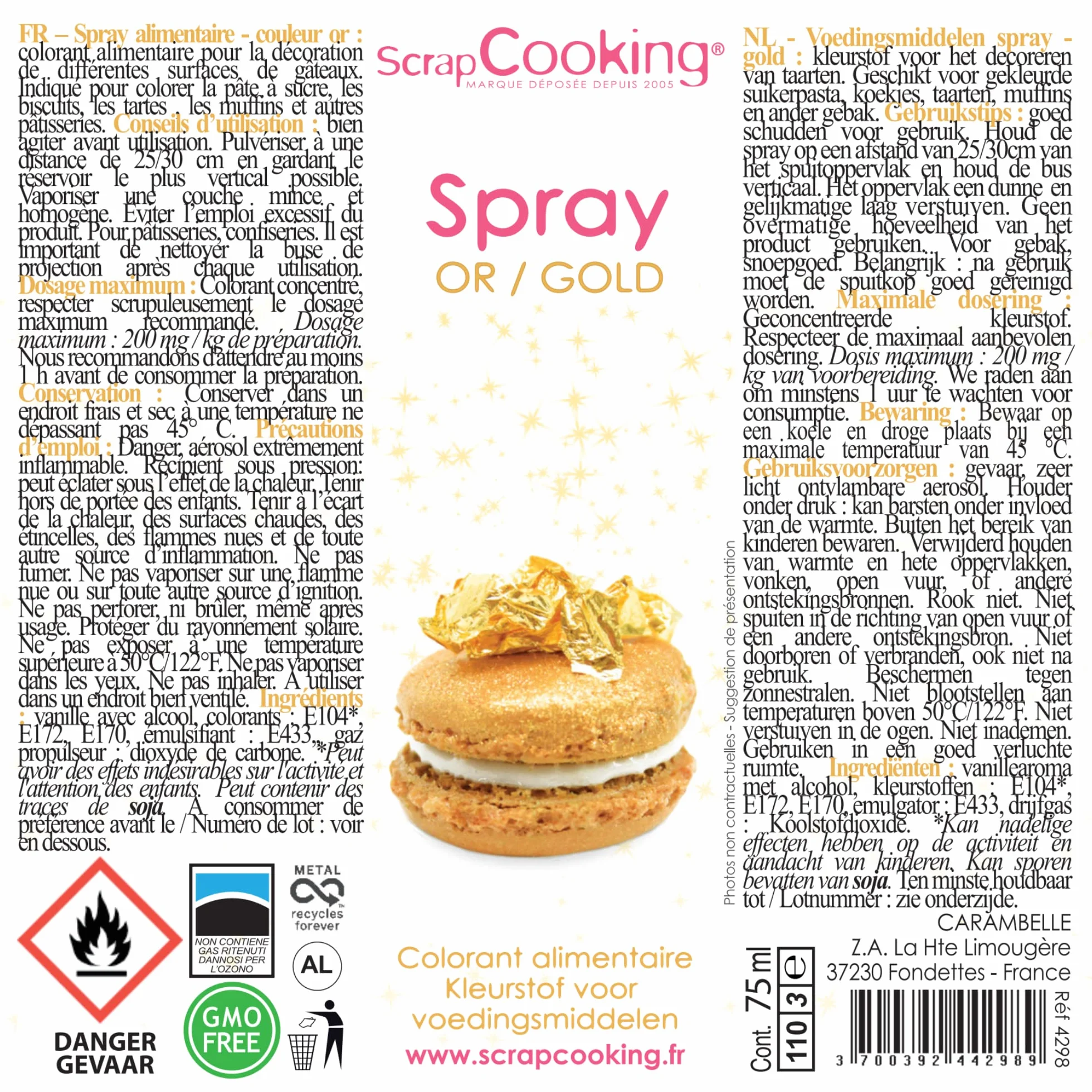ScrapCooking - Spray Colorant de Surface Or 75 ml - Spray Alimentaire Doré pour faire Briller vos Pâtisseries, Biscuits, Macarons, Pâtes à Sucre, Cupcakes, Gâteaux, Entremets, Bûches - 4298