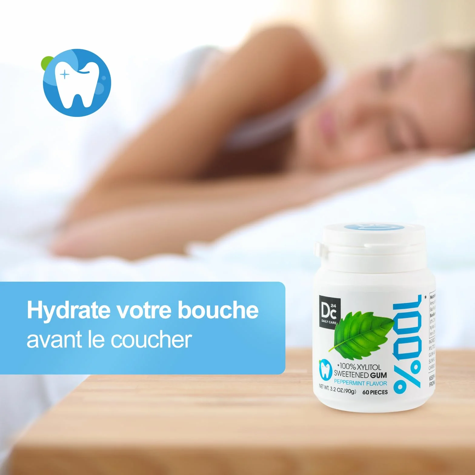 DC24 DAILY CARE 100% Xylitol Gum, sans aspartame, chewing-gum à la menthe poivrée sans sucre, 60 pièces, paquet de 2