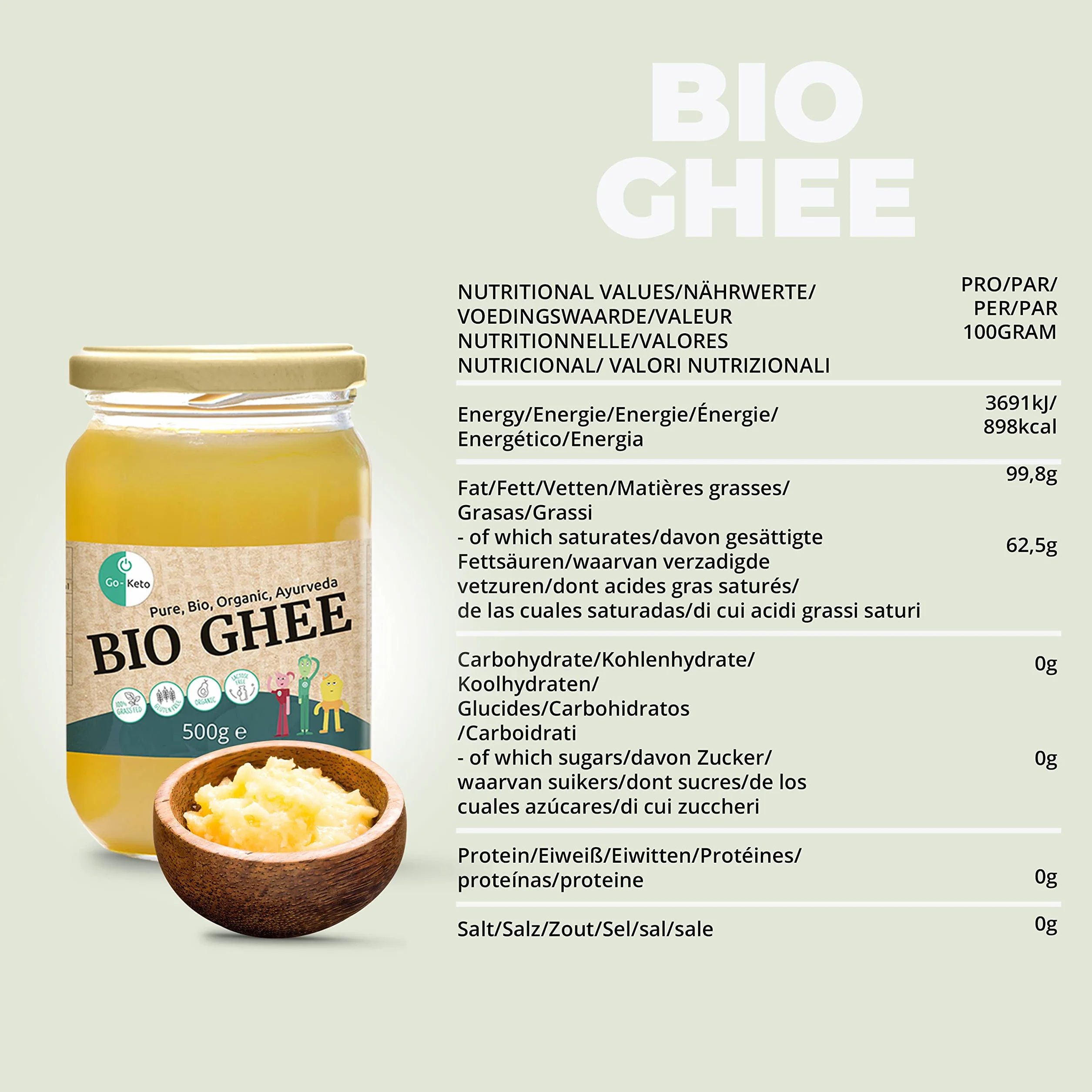 Go-Keto BIO Ghee, 1250 g | 100% beurre clarifié, certifié BIO, Ayurveda | parfait pour le régime céto | idéal pour la cuisson et le rôtissage | Sans lactose, sans gluten, low carb