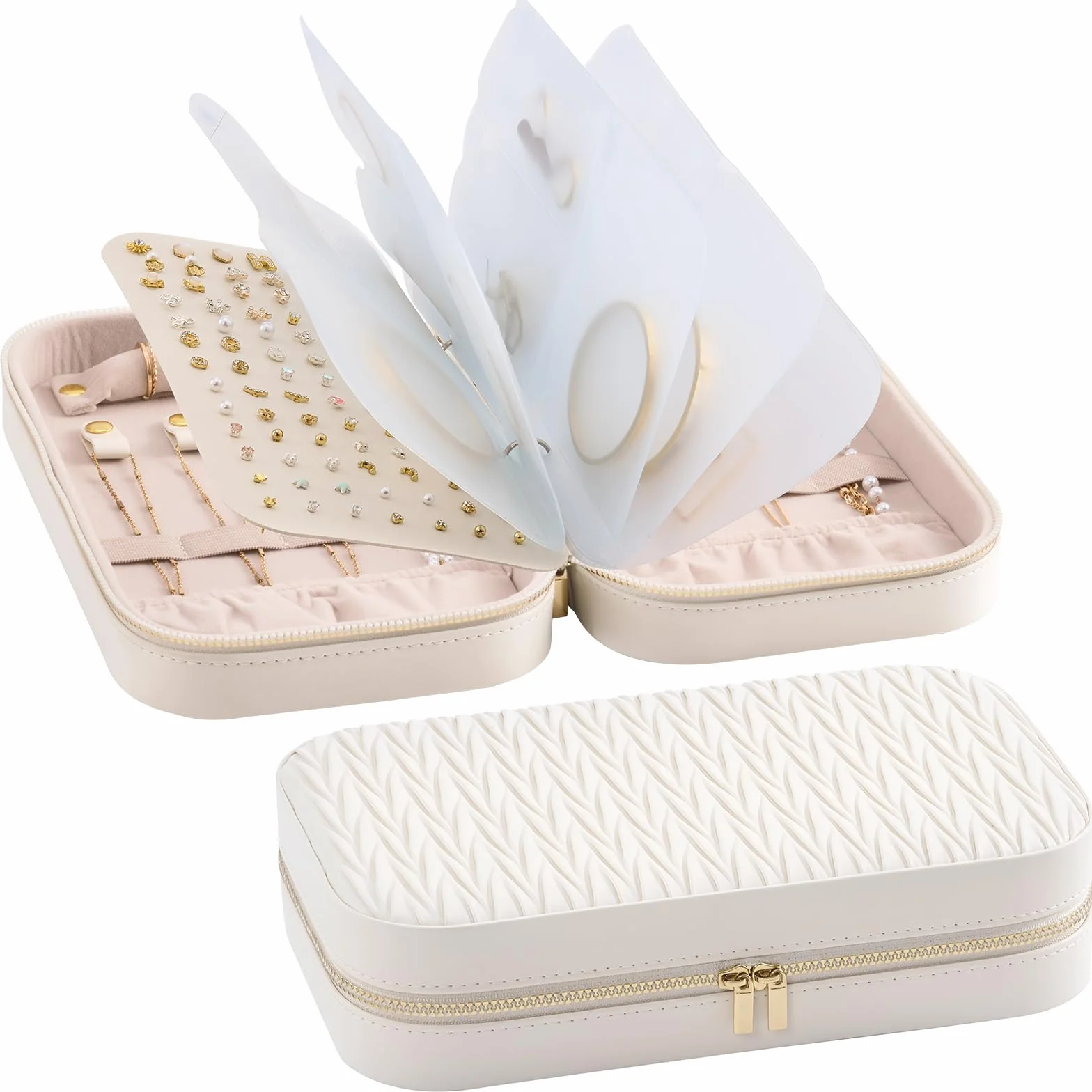 Trousse Bijoux Voyage Pochette Portable en PU Cuir pour Colliers Boucles d'Oreilles Bagues Blanc