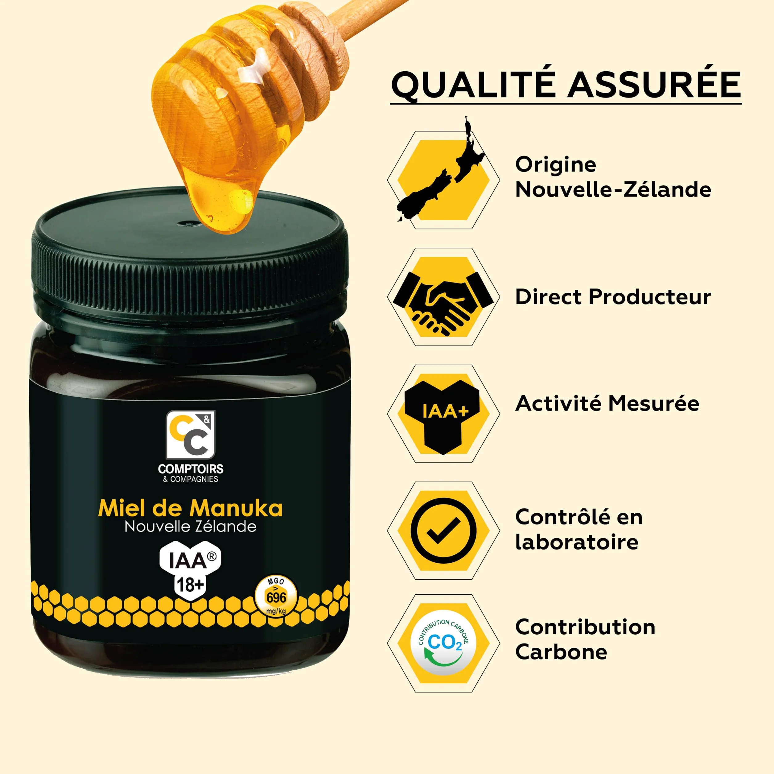COMPTOIRS ET COMPAGNIES - Miel de Manuka Actif - IAA18+ (MGO696+) - Origine Nouvelle Zélande - 250g