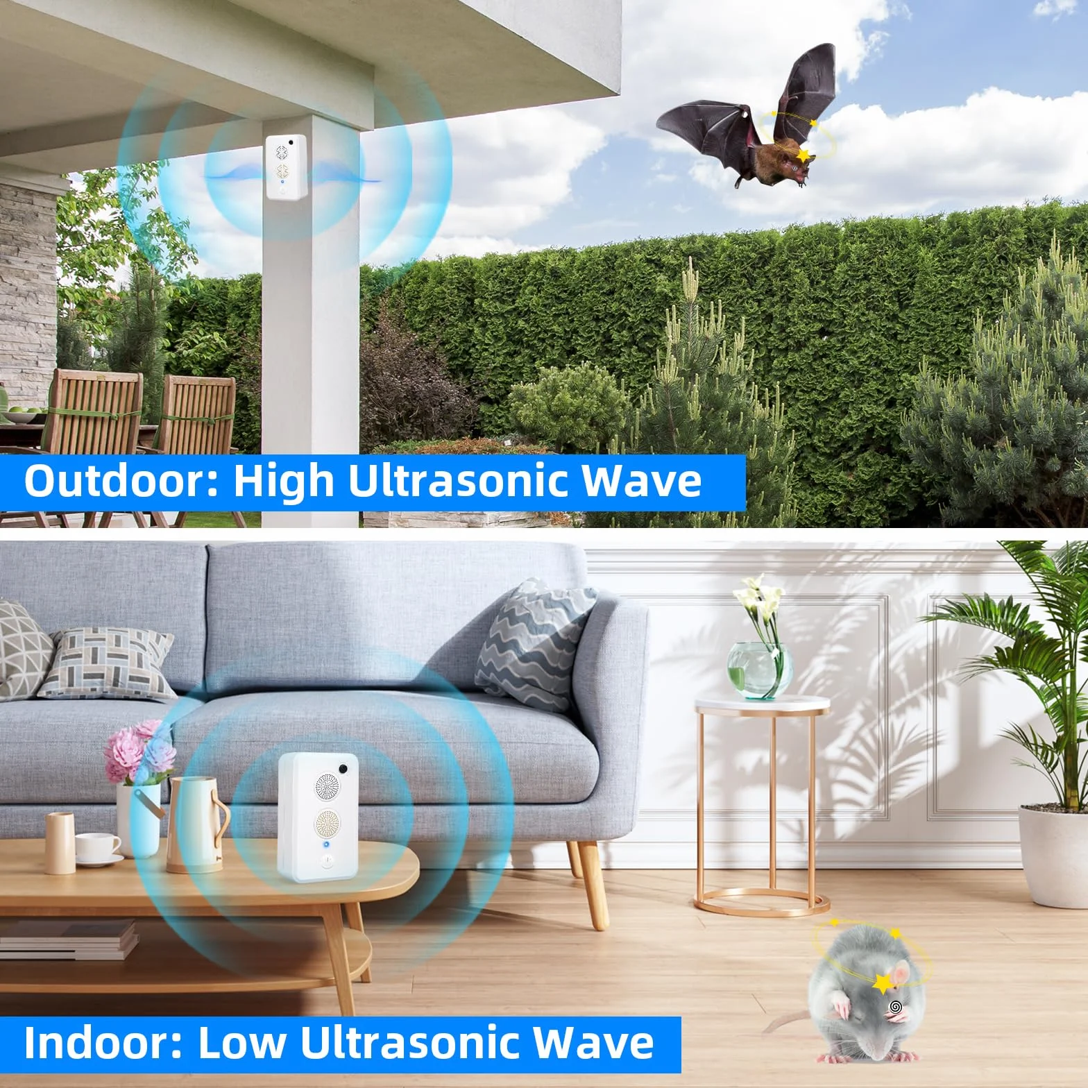 Lot de 2 répulsifs à ultrasons pour chauves-souris à ultrasons pour grenier - Pour se débarrasser des chauves-souris - Rechargeable - Utilisation intérieure et extérieure - Respectueux des humains et