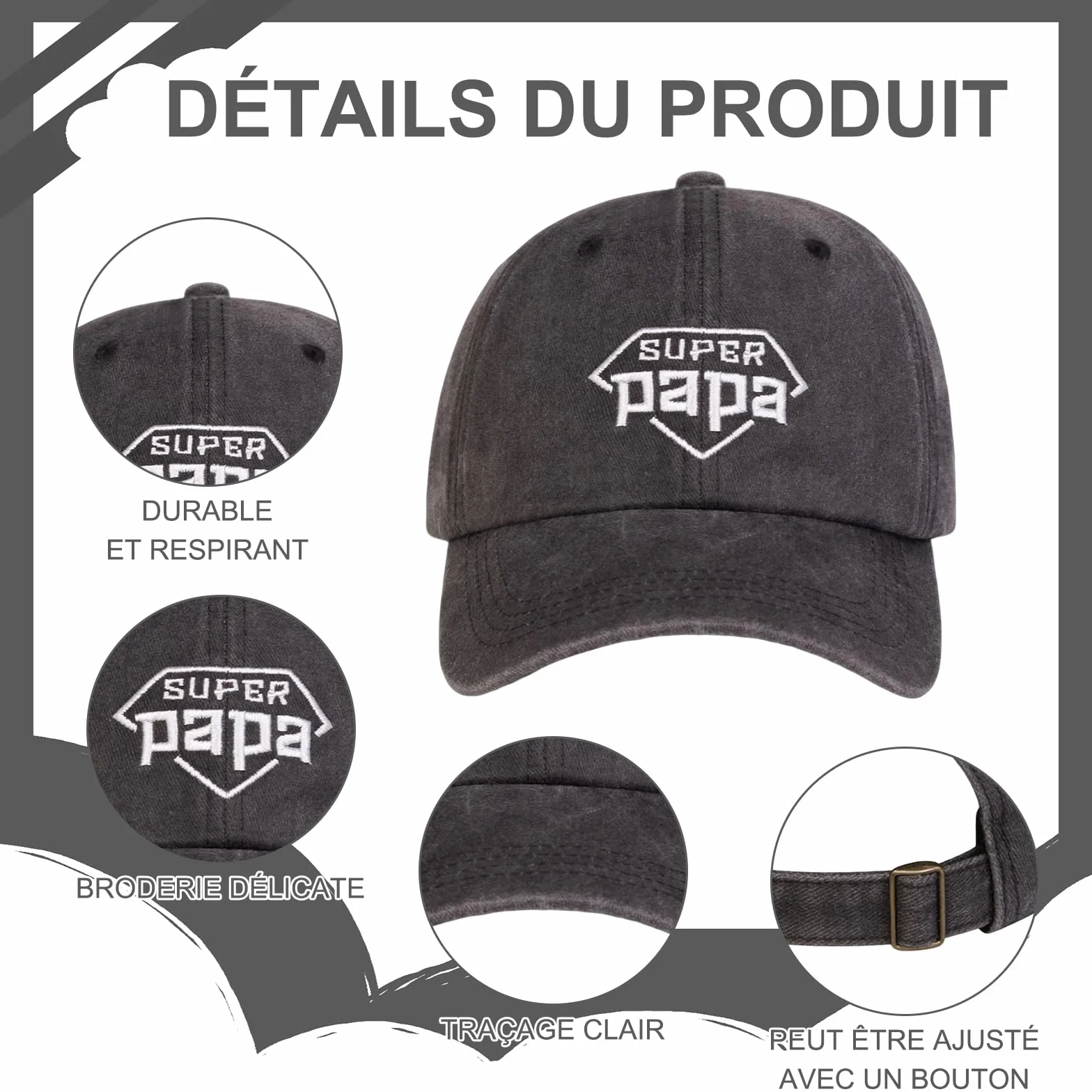 Casquette Papa Super Papa Brodée Coton Réglable Style Vintage Cadeau Fête des Pères