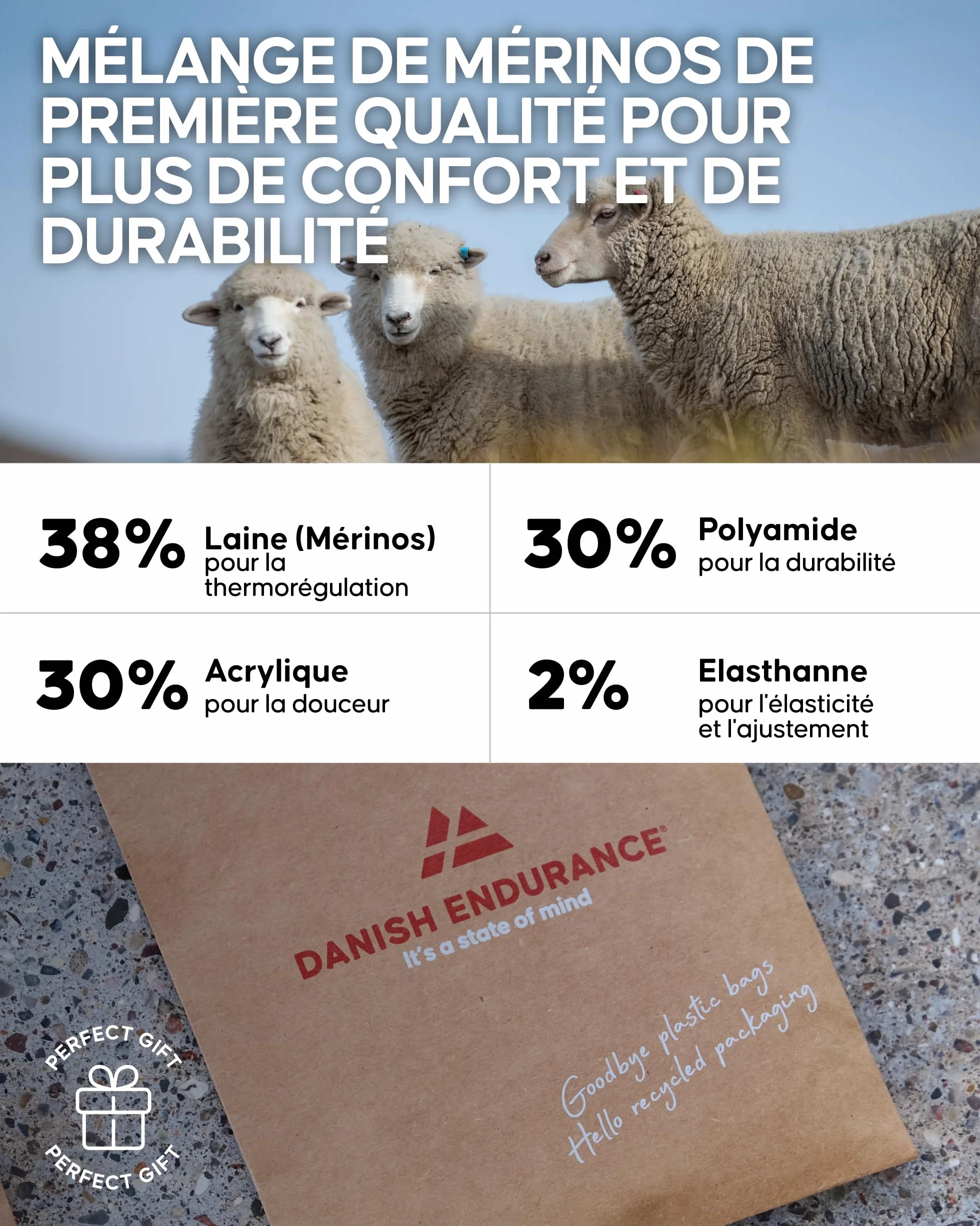 DANISH ENDURANCE Chaussettes de Randonnée en Laine Mérinos Légères, Anti-blister, Lot de 3