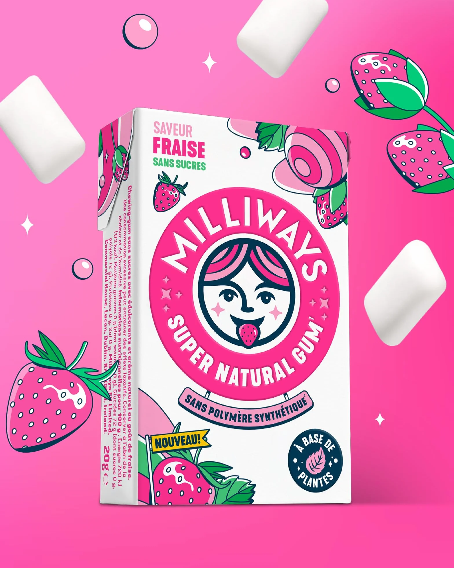 MILLIWAYS Chewing gum sans sucres à la fraise 12 boîtes de 10 dragées 20g Xylitol sans aspartame