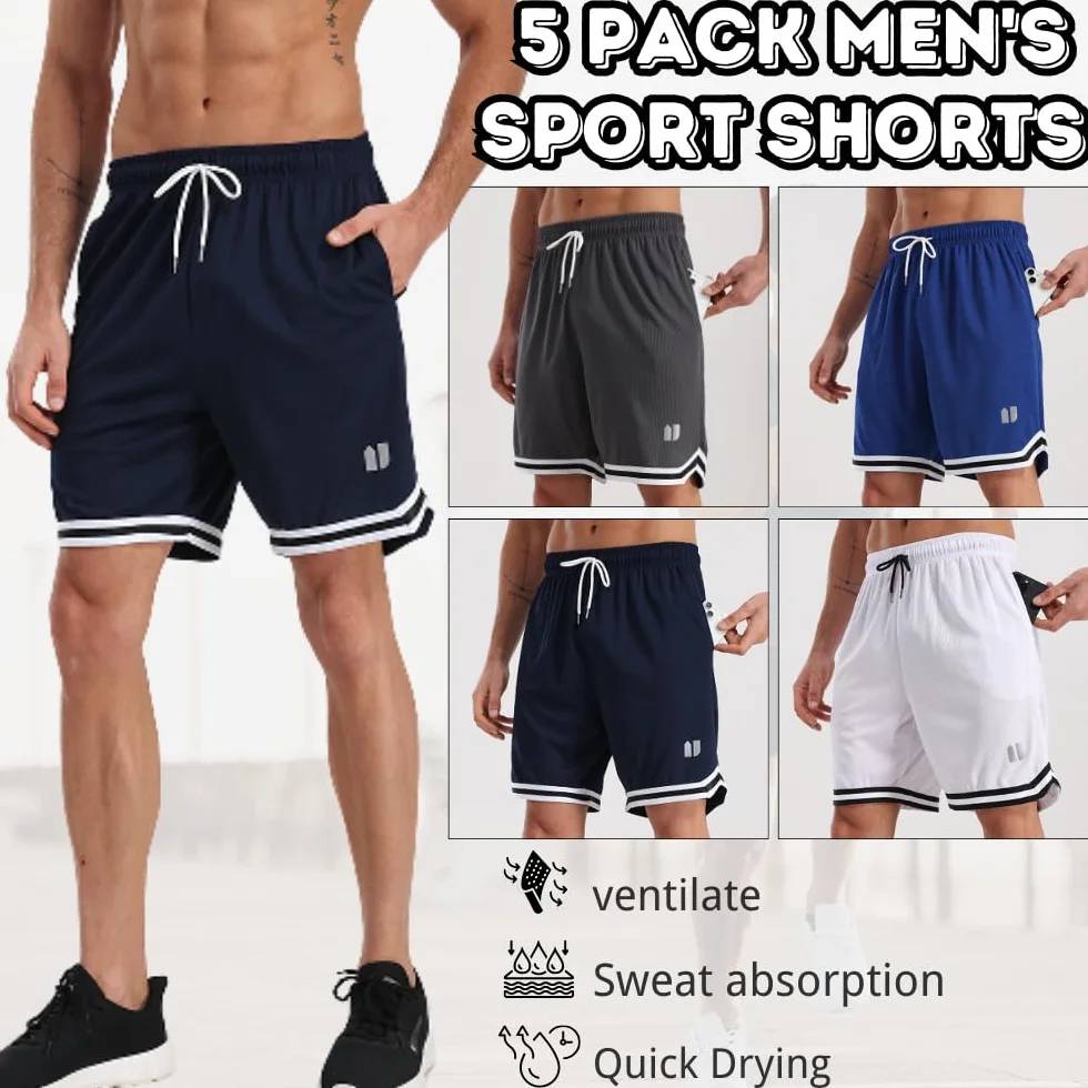 Shorts de sport homme séchage rapide lot de 5 avec poches taille élastique