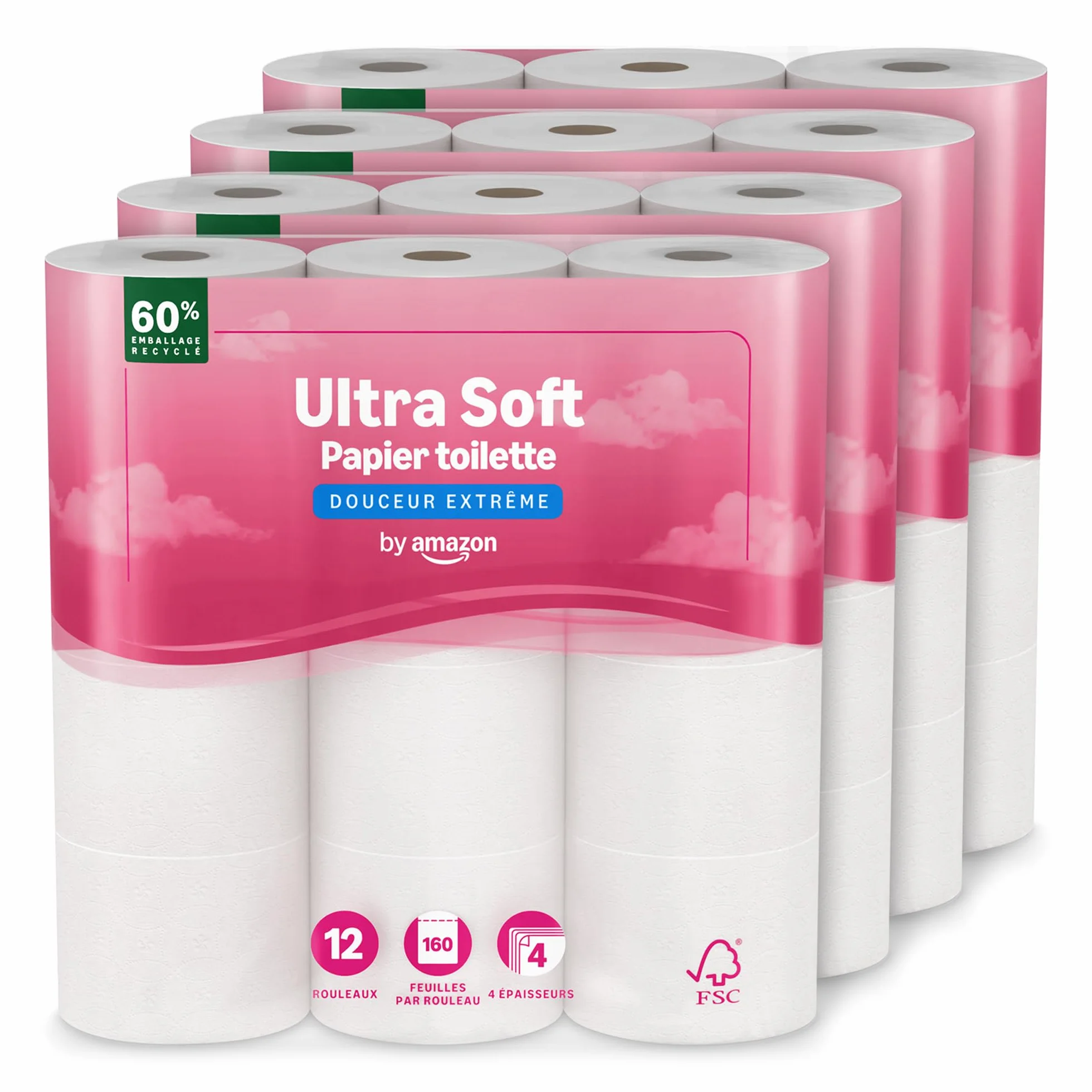by Amazon Papier Toilette, 4 Épaisseurs Matelassé, Douceur Suprême, 48 Rouleaux (4 Paquets de 12), 160 Feuilles par Rouleau, Certifié FSC