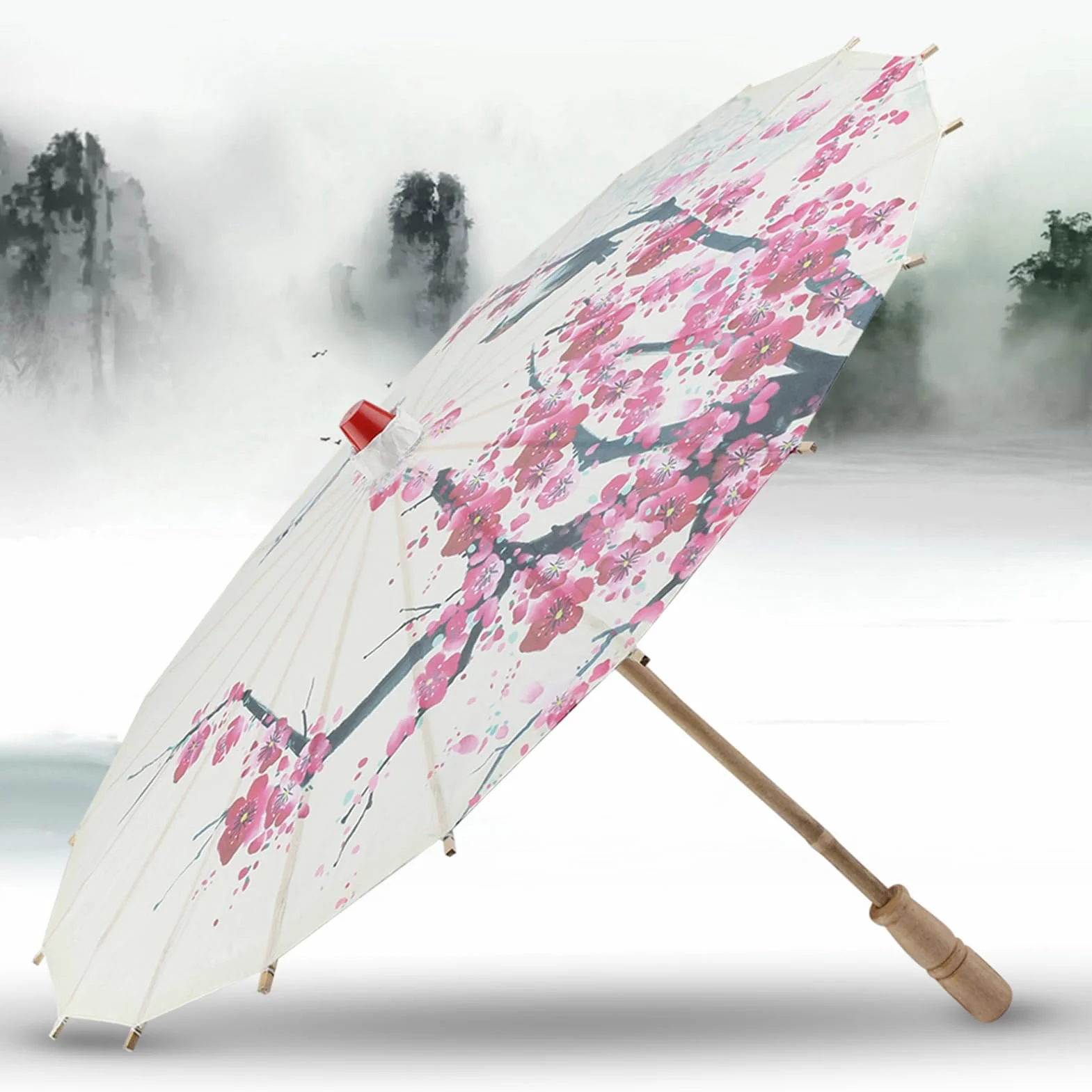 Parapluie Chinois en Papier Huilé Fait à la Main Fleur de Prunier Poignée en Bois Danse Classique