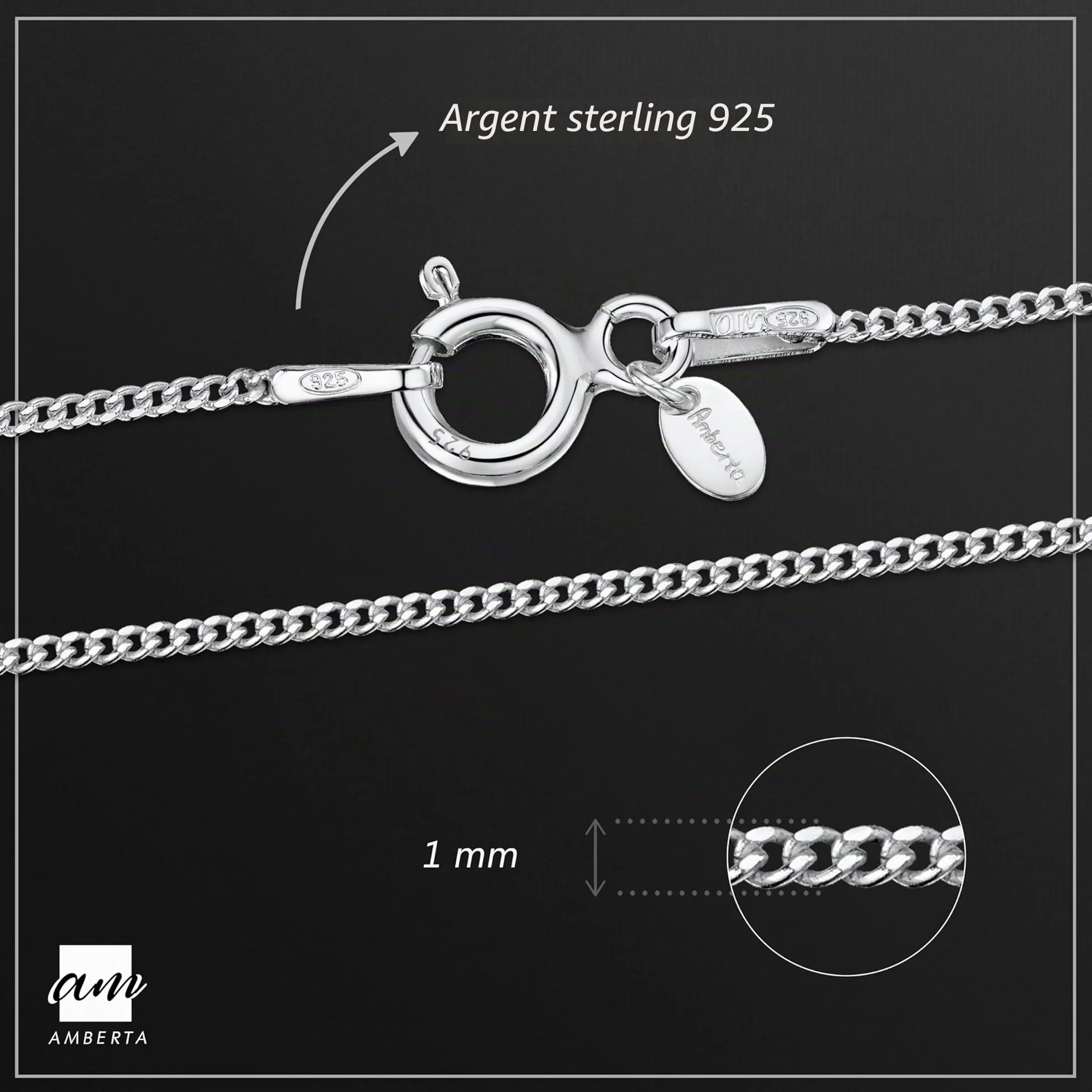 Amberta Collier Chaîne Gourmette Argent Sterling 925 1.1 mm Femme