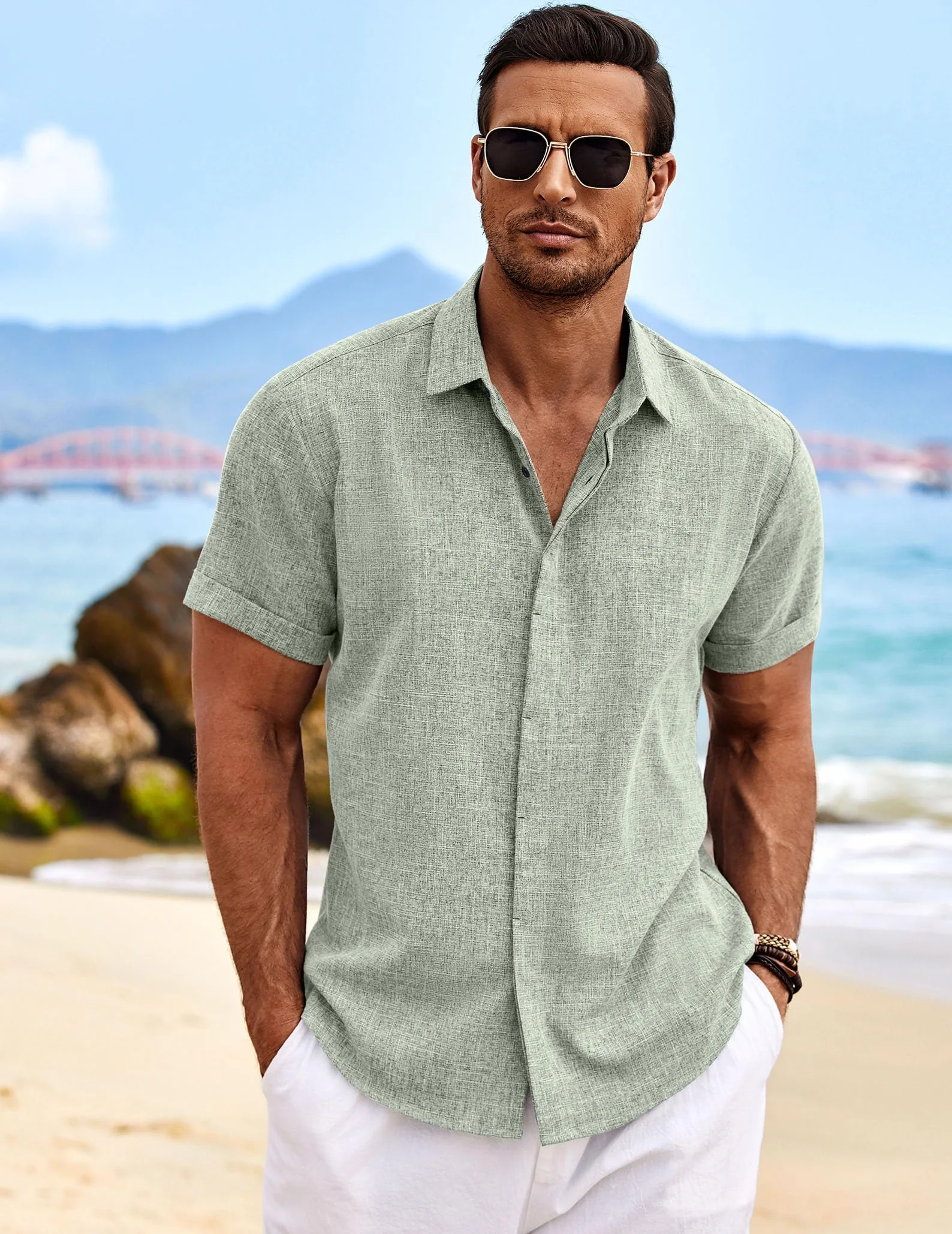 COOFANDY Chemise en Lin pour Hommes Manches Courtes Boutonnée Coupe régulière Chemise d'été de Plage