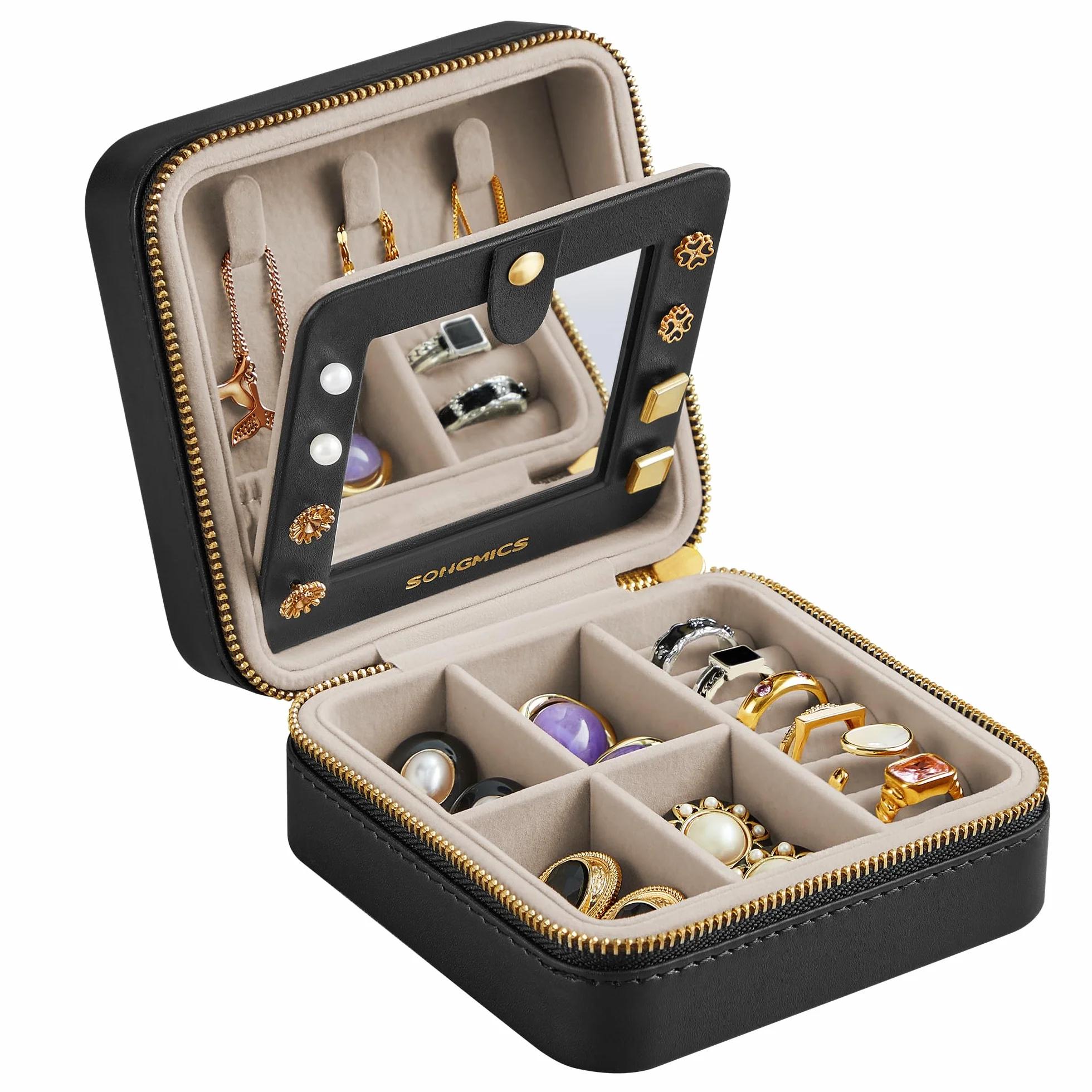 SONGMICS GISELLA Boîte à Bijoux de Voyage avec Miroir 11,4 x 11,4 x 5,5 cm Surface en PU Noir d'Encre JBC146BKV1