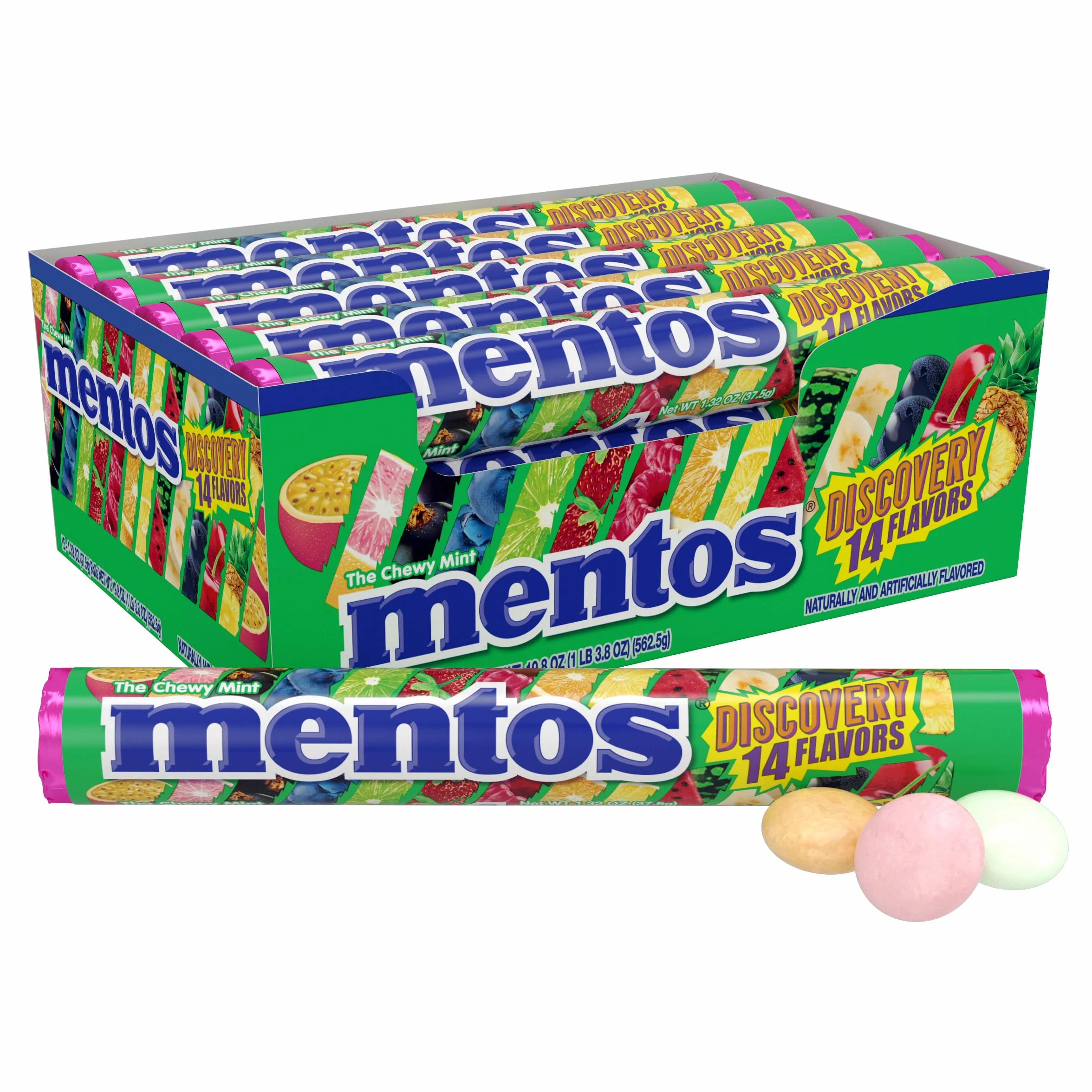 Mentos Rouleau de bonbons à la menthe Chewy, Discovery 14 saveurs de fruits assorties, 14 pièces par rouleau, boîte de présentation de 15 pièces